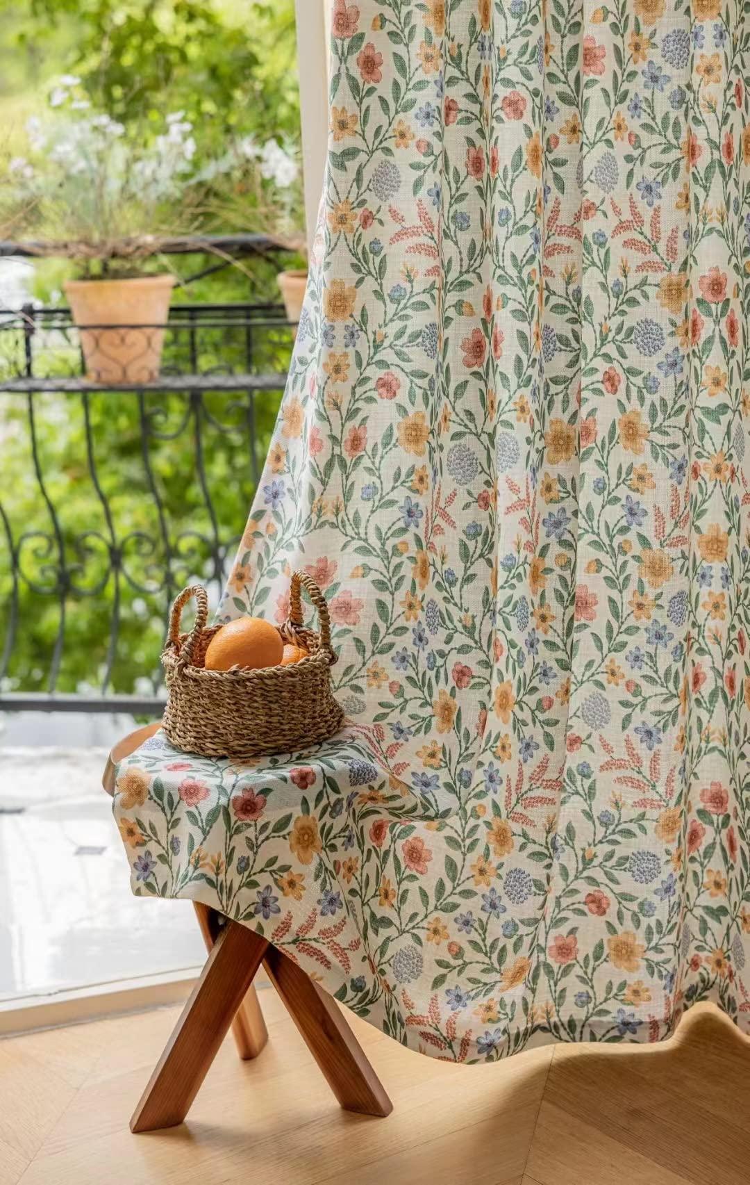 ILUOGUDU Linen Farmhouse Curtains for Living Room 72 Inch Length Floral Print Window Curtains Semi Blackout Drapes for Bedroom Country Room Darkening Curtain 1 Panel (Back Tab Curtains, 84"W x 72"L)