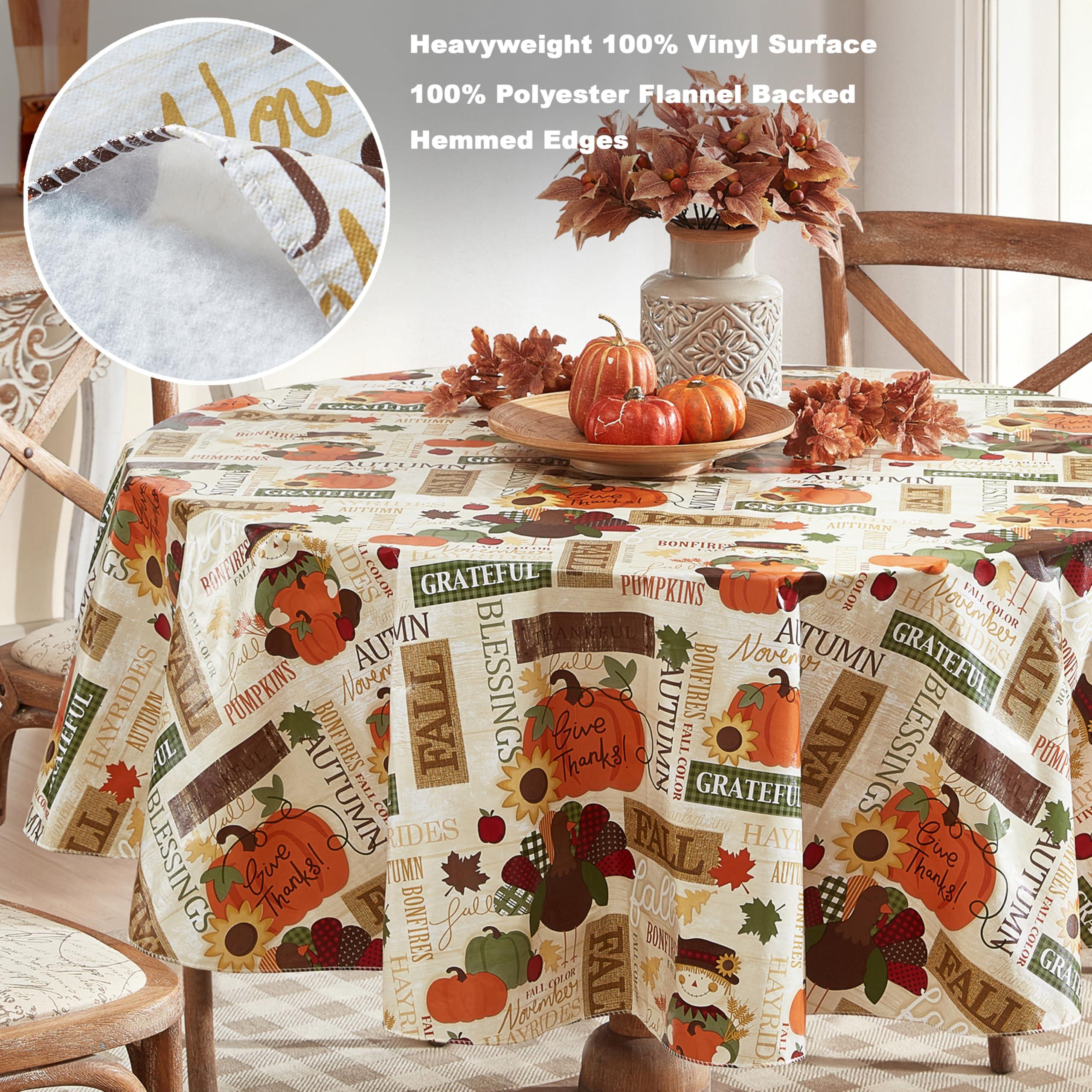 Newbridge Newbridge Fall Hayride and Happy Scarecrow Thanksgiving Vinyl Flannel Backed Tablecloth, Gingham Turkeys and Pumpkin Rustic Autumn Vinyl Tablecloth with Flannel Backing, 70 Round