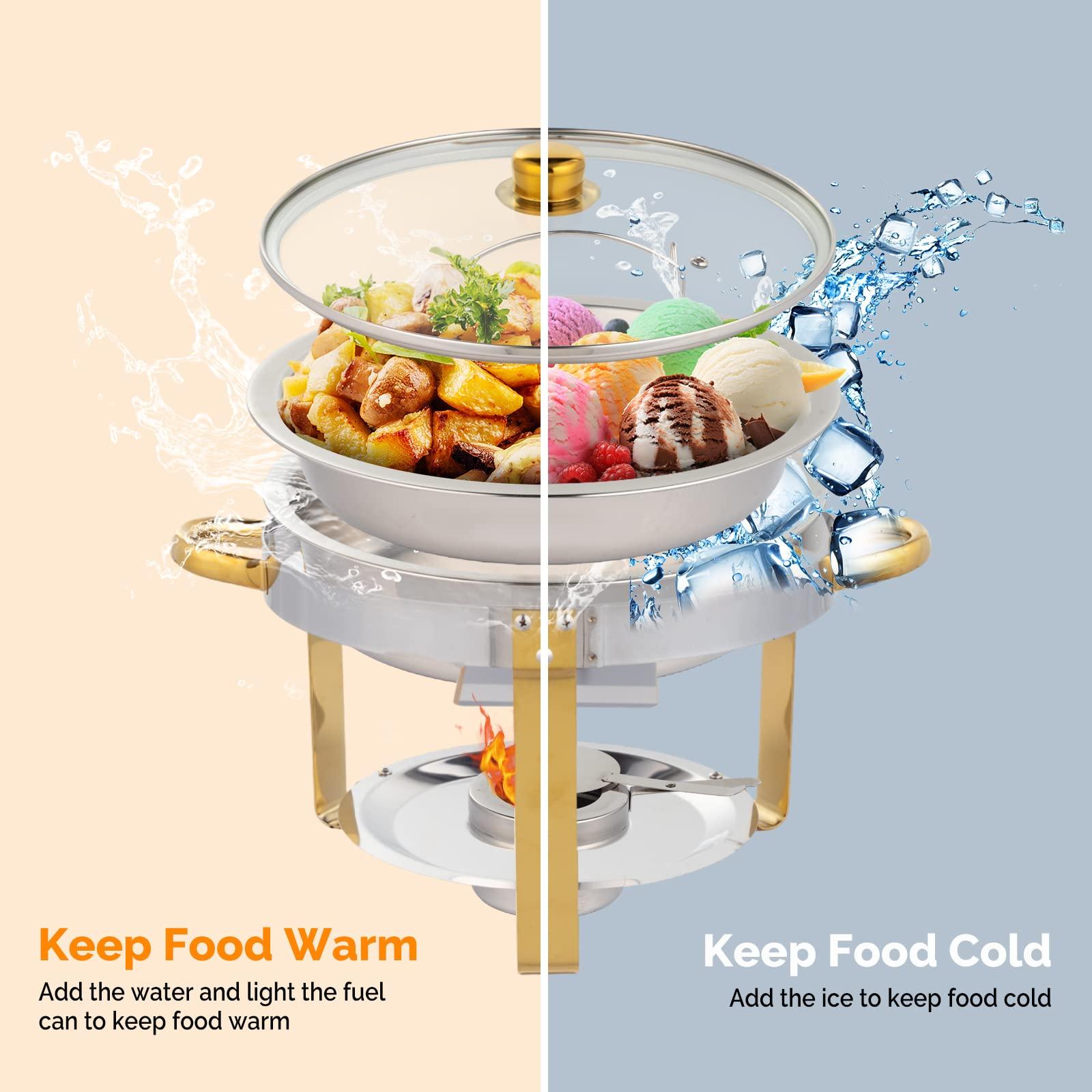 ROVSUN ROVSUN 5QT 6 Packs Chafing Dish Buffet Set Gold Accent, Round NSF Stainless Steel Buffet Warmer Chafers and Buffet Warmers Sets with Glass Lid & Lid Holder for Catering Events Parties Weddings Dinners