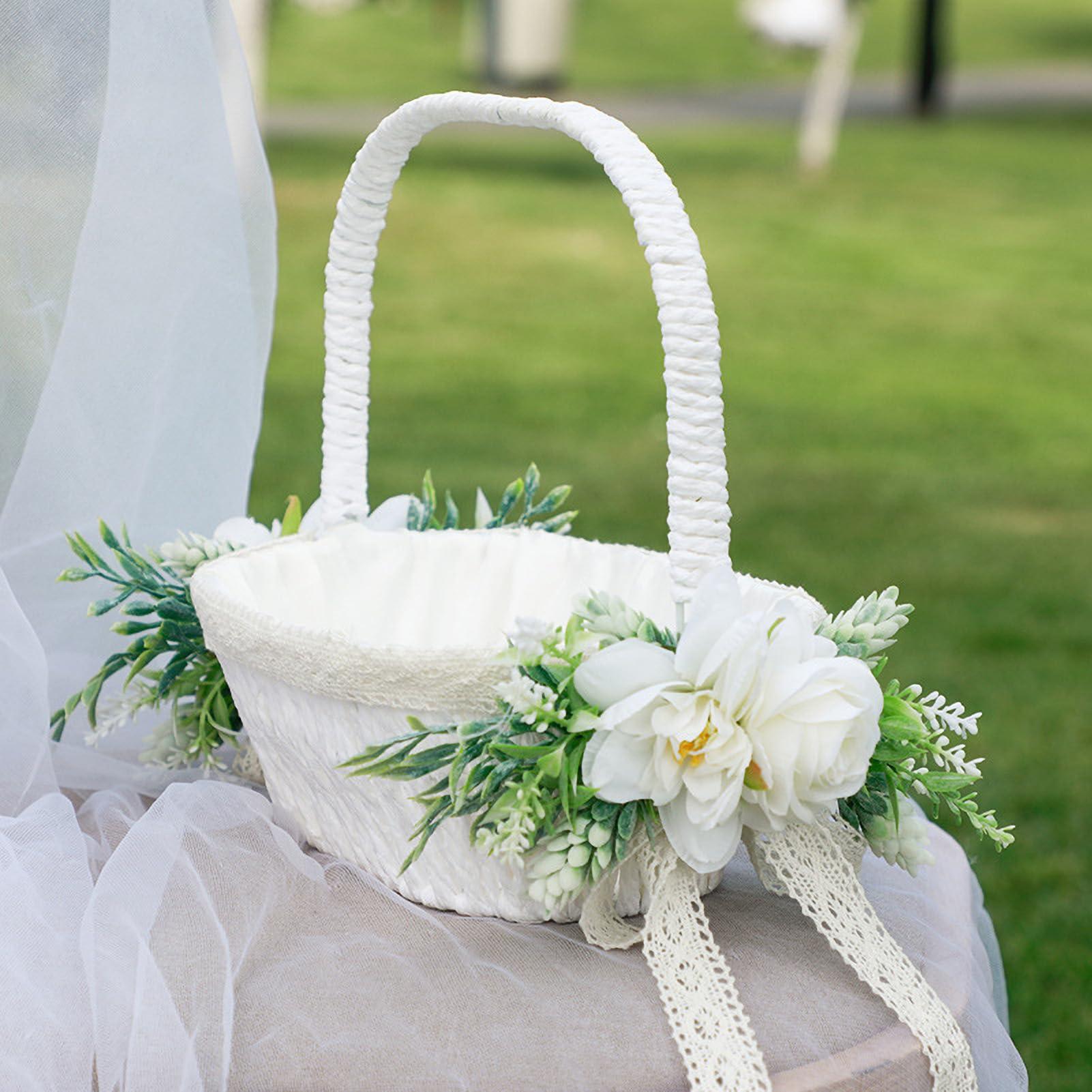 MEUMITY MEUMITY 2Pcs Flower Girl Basket Handmade Rattan Basket with Handle Flower Girl Baskets for Weddings Foldable Handle and Artificial Stain Flower Basket for Wedding Ceremony Party Decoration