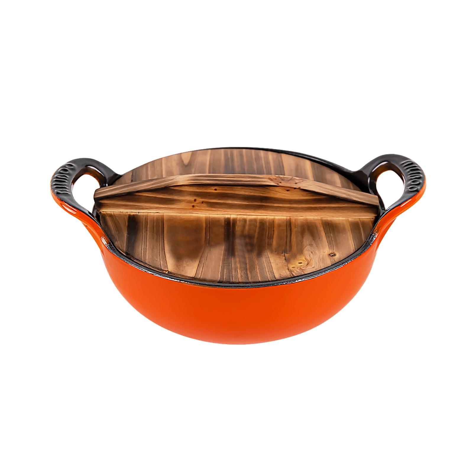 AILIBOO AILIBOO 2 Quart Dutch Oven Pot Round Cast Iron Enamel Cookware with Wooden Lid Soup Pot Mini Soup Pots- orange