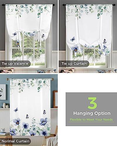 Yukro Yukro Tie Up Curtains Window Shades,Blue Tulip Flower Butterfly Eucalyptus Leaves White Background Rod Pocket Tie Up Window Shade,Adjustable Balloon Curtain Shade for Blinds Kitchen Bathroom,42"x45"