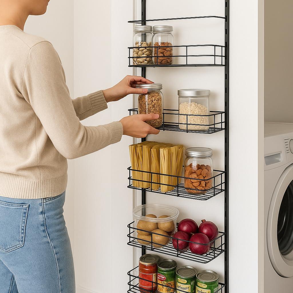 USTECH USTECH 6-Tier Heavy Duty Over The Door Pantry Organizer, Metal Hanging Storage Rack with Wired Tubing, Adjustable Shelves for Kitchen, Bathroom, Closet, Space-Saving Design, Black