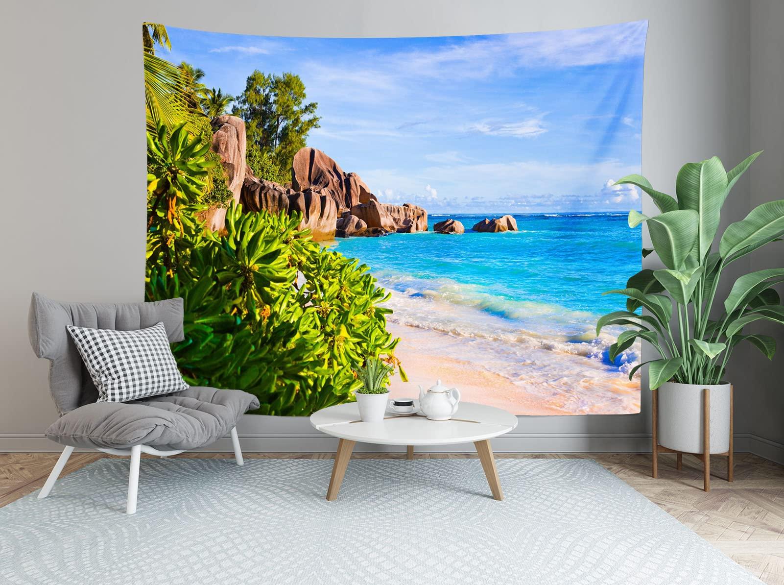 Loccor Loccor 5x4ft Tropical Beach Tapestry Photo Backdrop Stone Mountain Source D\'Argent at Seychelles Scenic Tapestries Nature Landscape for Bedroom Living Room Dorm Home Decoration Wall Art Decor