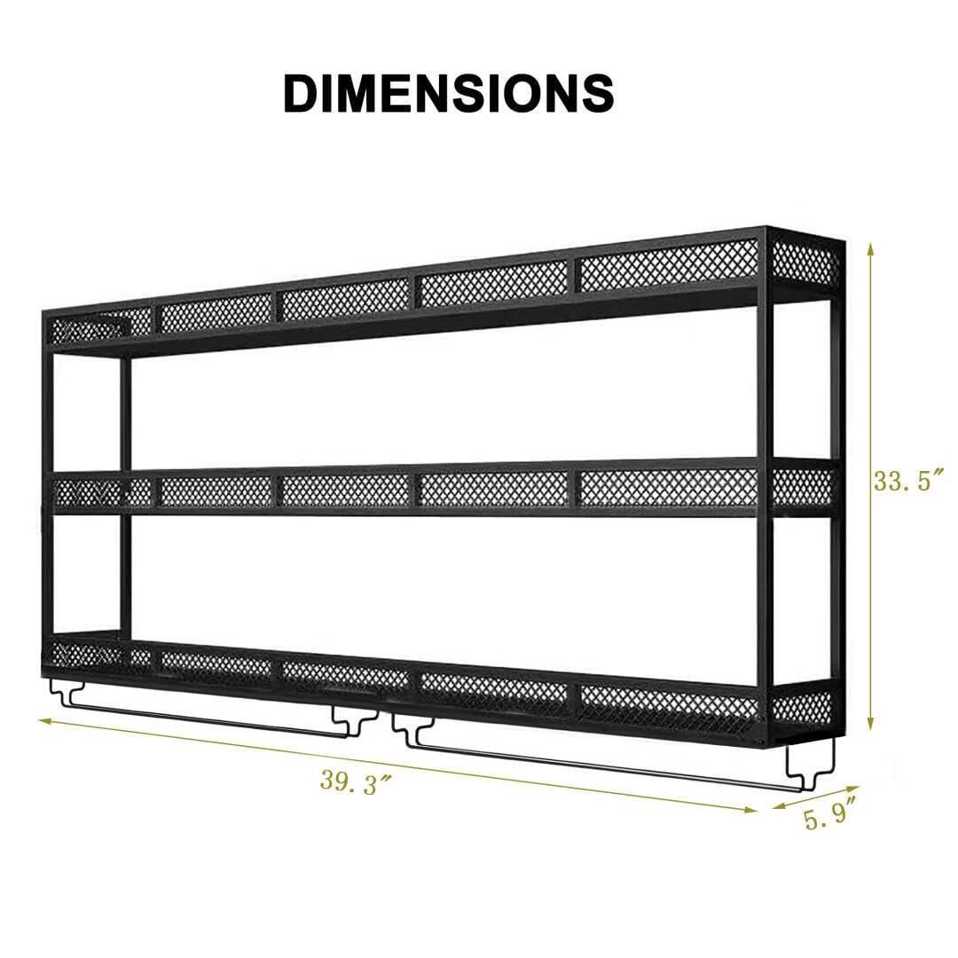 GWLQRTXV GWLQRTXV X2 39in Wine Rack with LED Lighting Wall Mounted Glass Holder, 3-Tiers Liquor Bottles Shelves Display Storage Organizer Hanging Long Stemware Goblet Metal for Home Mini Bar Cellar Black