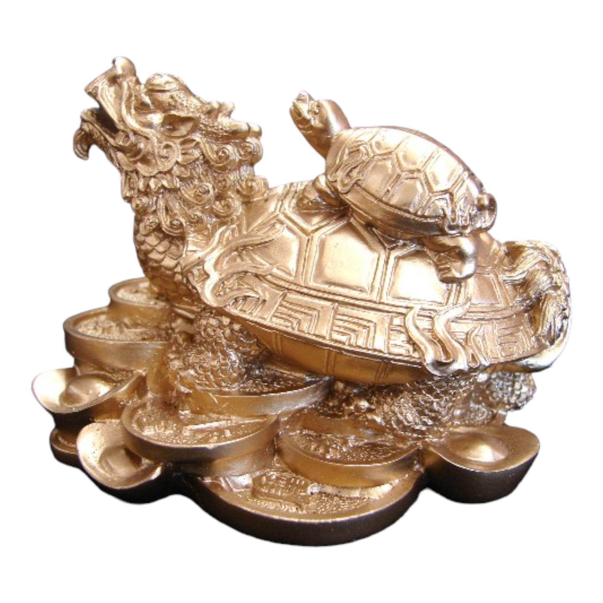 Feng Shui Import Feng Shui Dragon Turtle, Chinese Dragon Tortoise Sitting on Chinese Coins and Ingot for Wealth