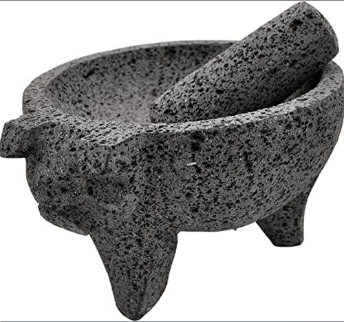 Lindo Brand Lindo Brand 8.6 inch Molcajete Mortar and Pestle with Pig Design, Mexican Handmade with Lava Stone Ideal as Herb Bowl, Spice Grinder, Volcanic Stone