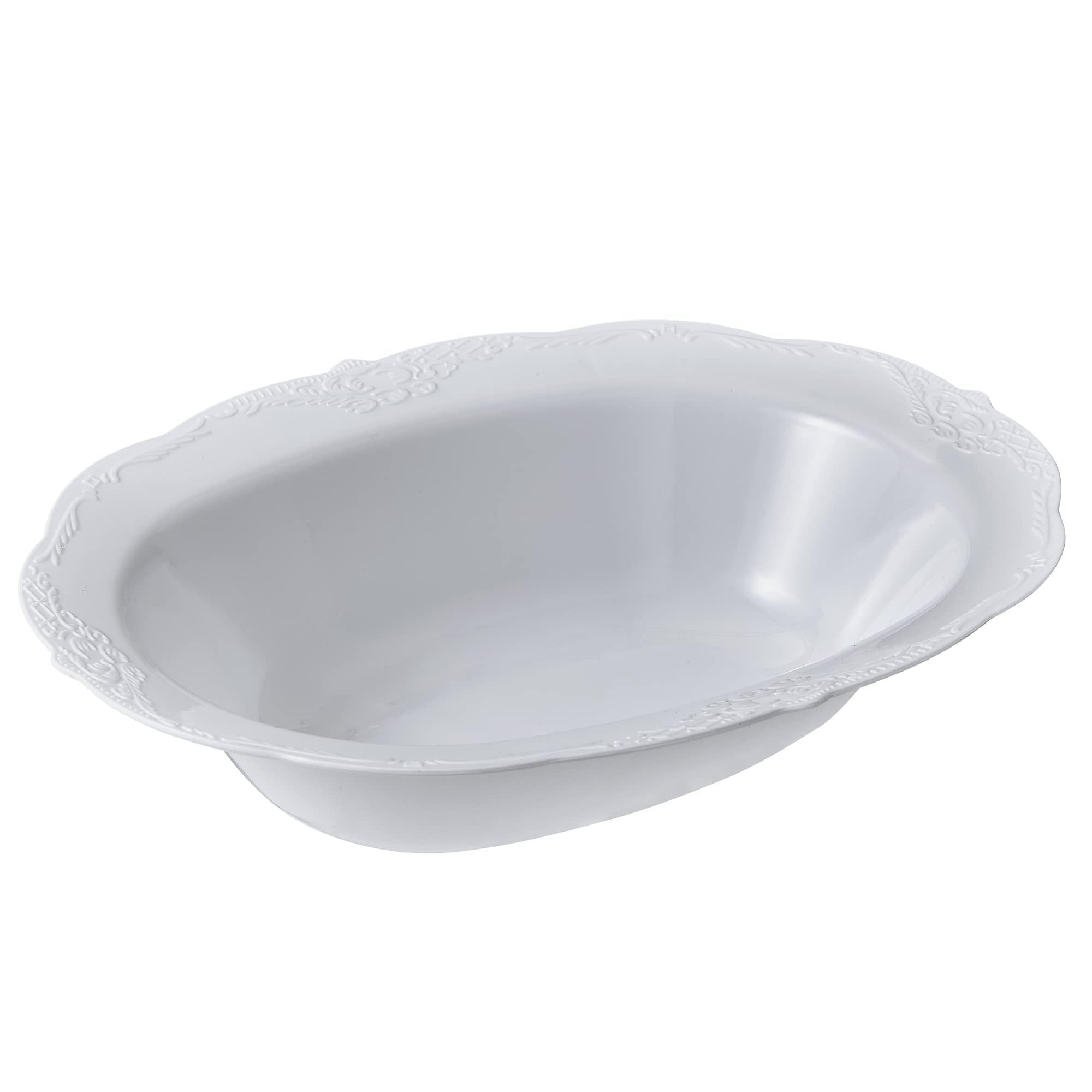 Silver Spoons Silver Spoons Large Disposable Bowls for Parties - Plastic Serving Dish Salad Bowl for Party Vintage Embossed Rim 35 oz. 3 PC, White
