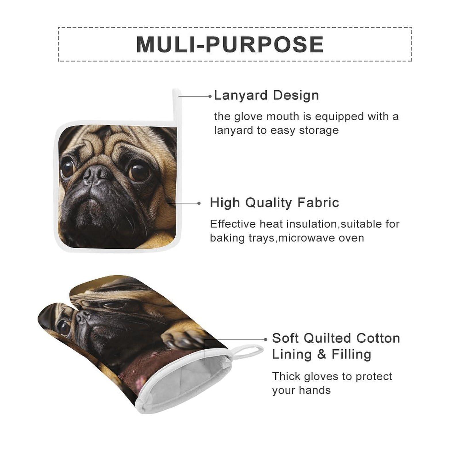 LZQPOEAS Oven Mitts and Pot Holders 3 Pcs Set Oven Glove Cry Pug Oven Mitt Heat Resistant Kitchen Oven Gloves for Cooking Hot Pads Non-Slip Cooking Gloves for Baking Kitchen Hot Pads for Grilling Microwave