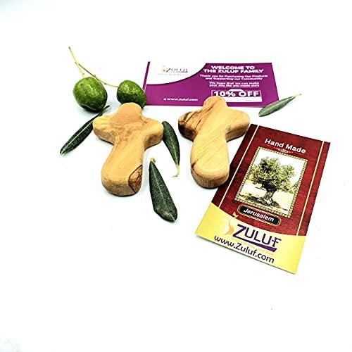 Zuluf Zuluf Two Small Olive Wood Crosses Pocket Holding Comfort Crosses | Handheld Comforting Design for Clutching, Clinging and With Two Holy Land Certificates 6cm / 2.5 Inch Each Cross - CRS094
