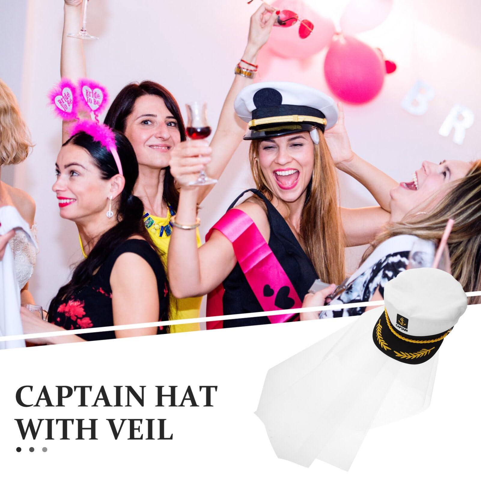 VOSAREA VOSAREA Bridal Sailor Captain Hat with White Veils Bachelorette Party Favor Bridal Party Hats Bride Cap for Bride to Be Beach Boat Nautical Yacht Cosplays Costumes
