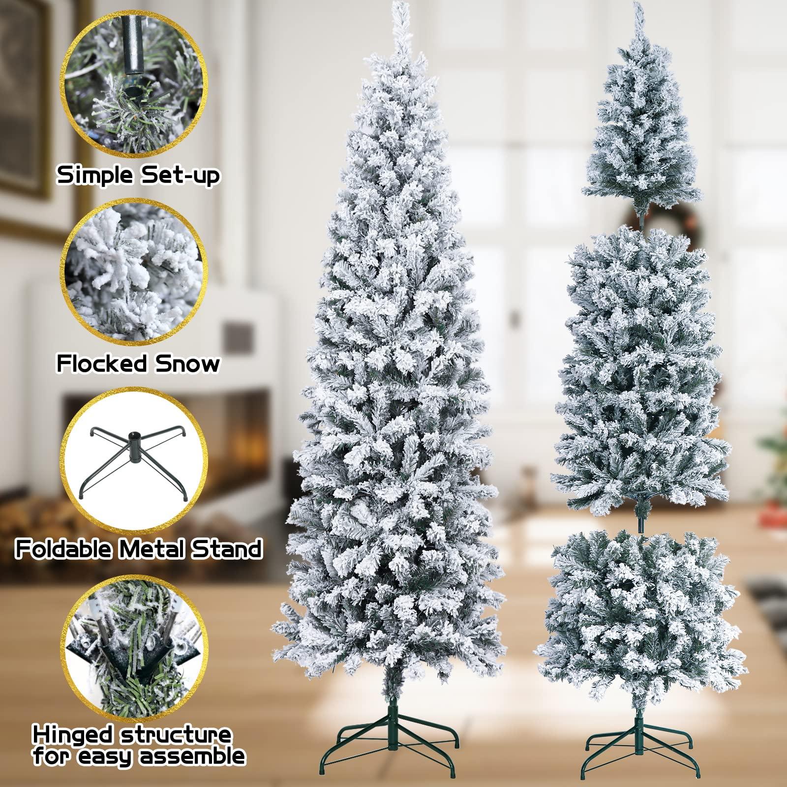 MVSRWLL 7.5FT Prelit Pencil Christmas Tree Artificial Snow Flocked Slim Skinny Christmas Trees with 350 LED Warm White Lights for Christmas Indoor Outdoor Decoration