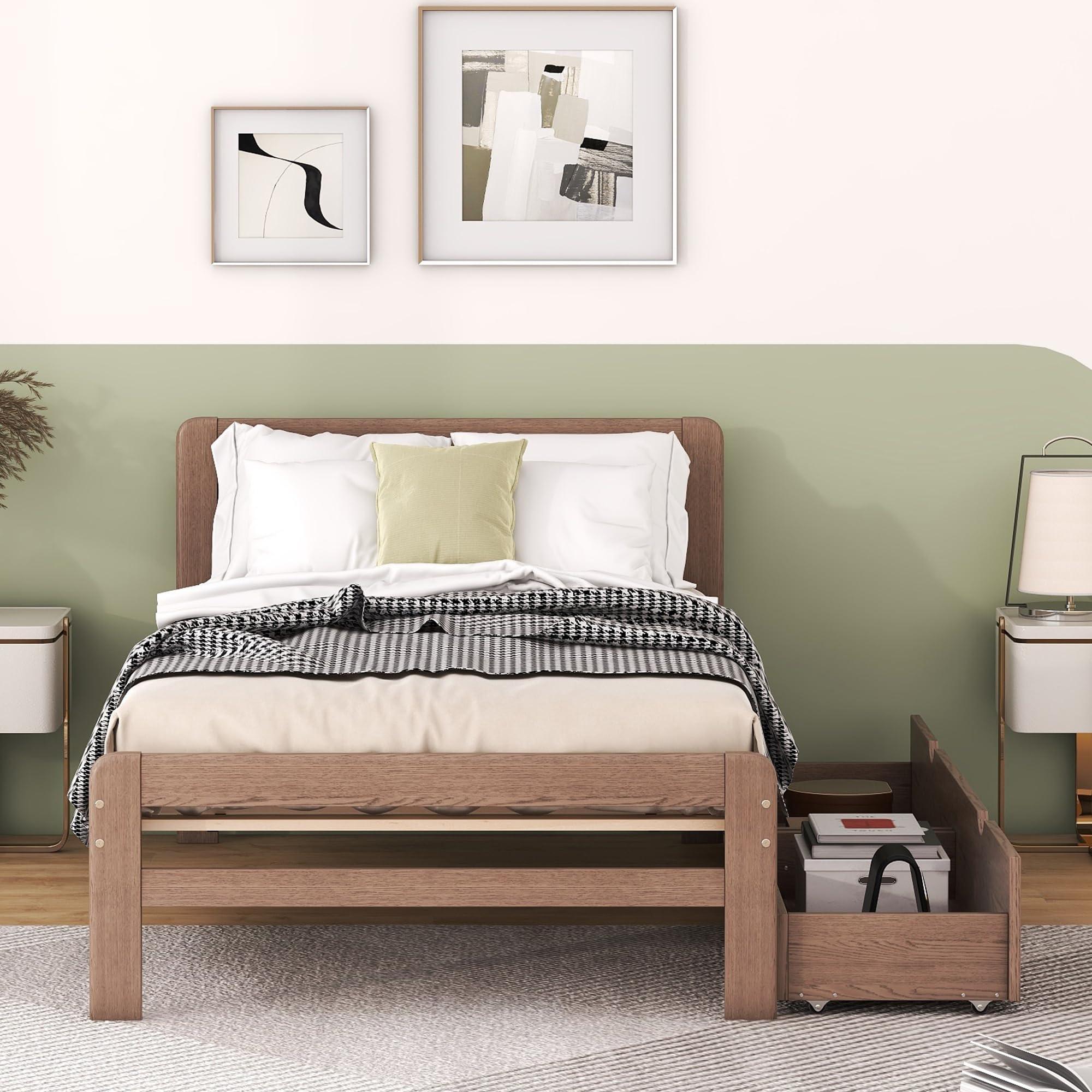 HomeLoft Basics Modern Design Twin Size Platform Bed Frame with 2 Drawers for Walnut Color