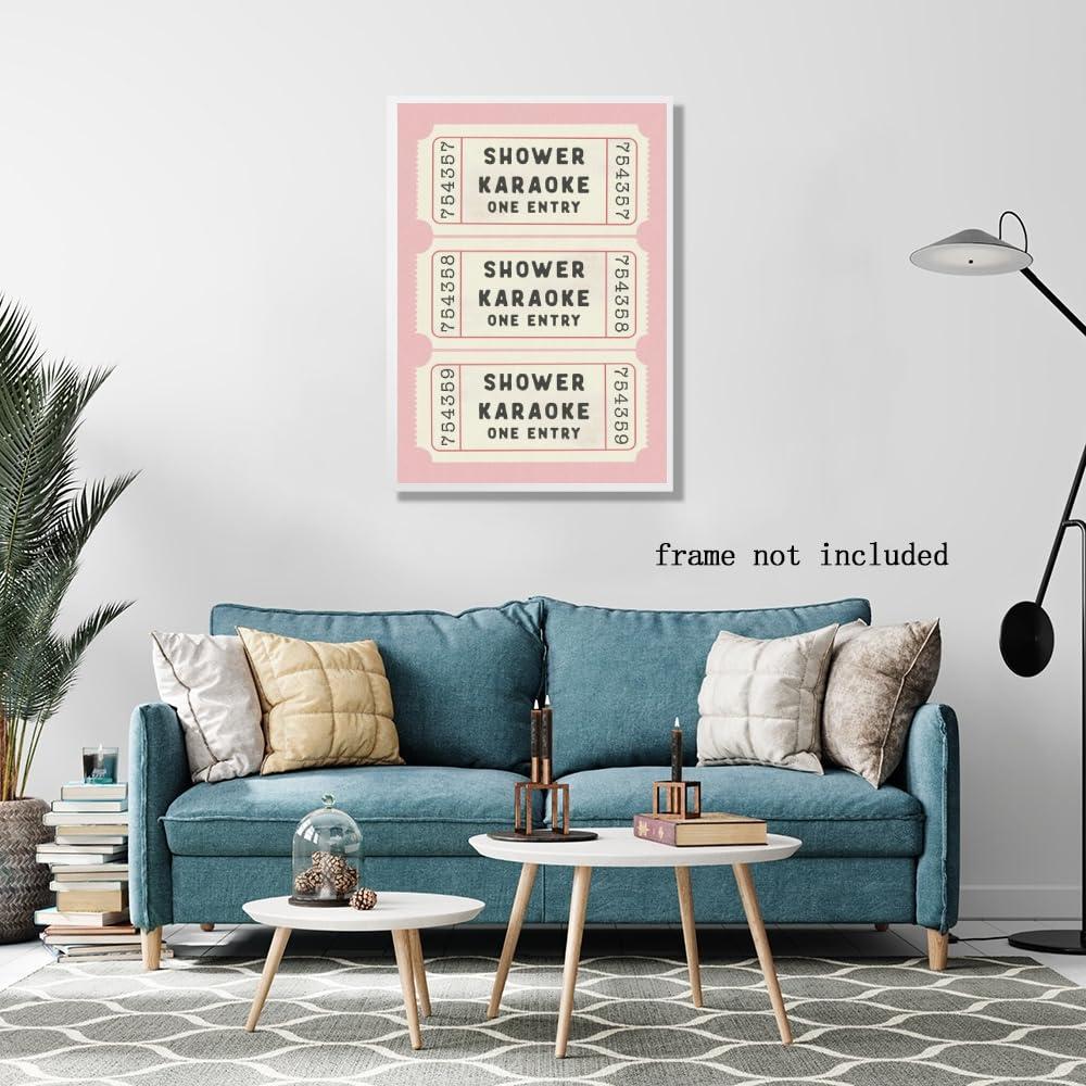 WHQethrial Funny Shower Karaoke Ticket Print Bathroom Canvas Poster for Bathroom Decor, Retro Pink Toilet Wall Art, Cute Bath Decor, Aesthetic Bathroom Art, Guest Bathroom Canvas Wall Art 8x12inch Unframed