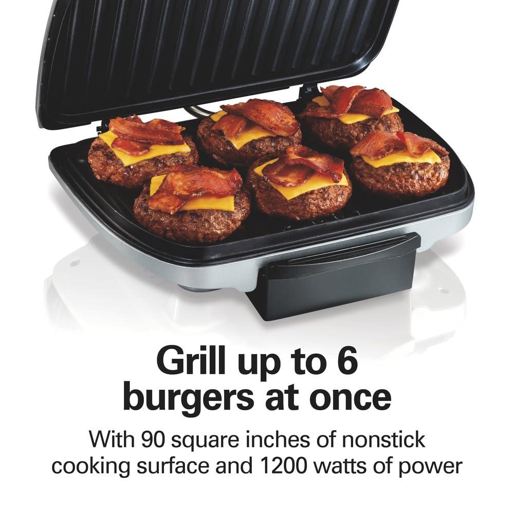 Hamilton Beach Hamilton Beach Electric Indoor Grill, 6-Serving, Large 90 sq. in. Nonstick Easy Clean Plates, Floating Hinge for Thicker Foods, 1200 Watts, 6.38\"D x 12.68\"W x 13.78\"H , Silver (25371)