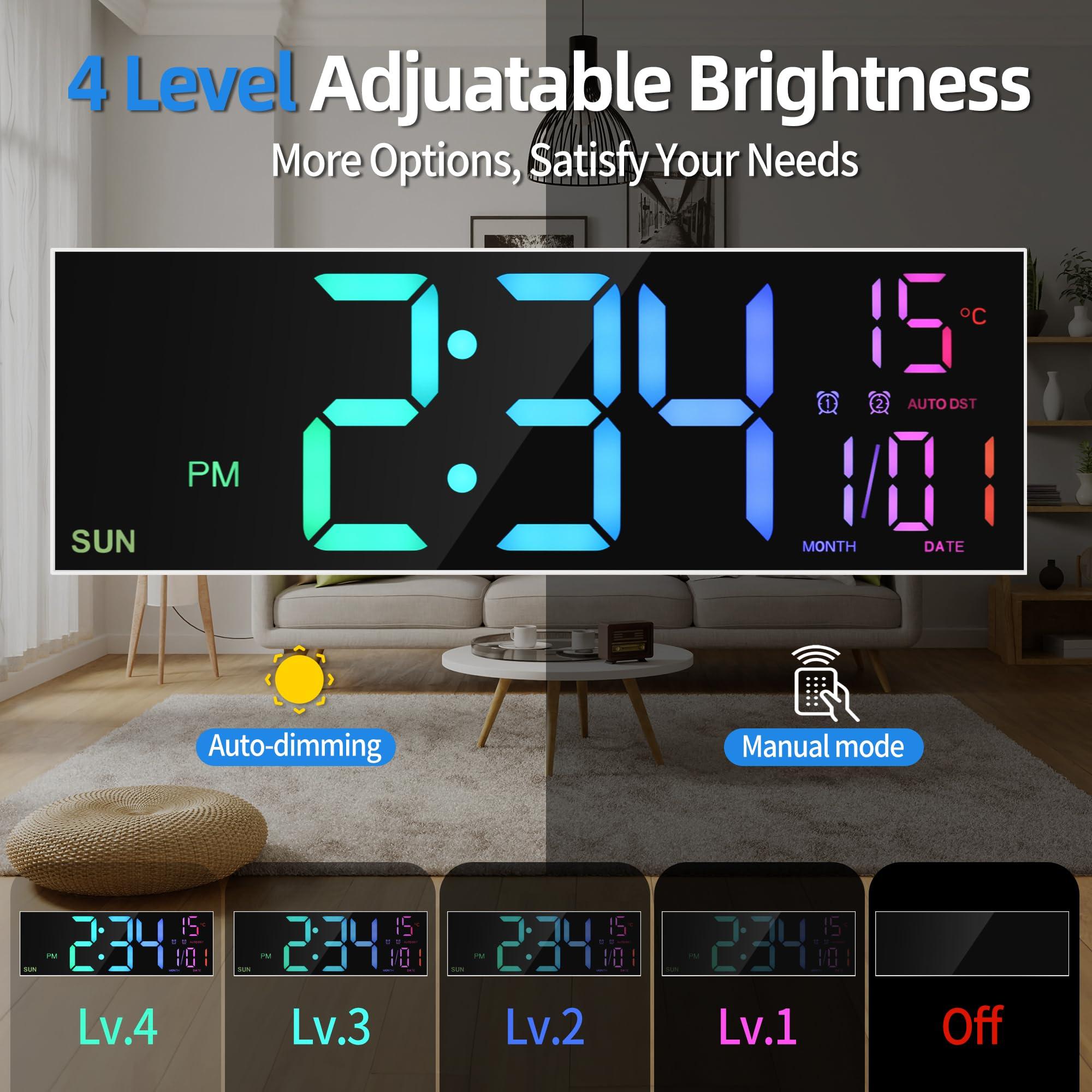 LEIKE LEIKE 16.2\'\' Large Digital Wall Clock with Remote Control, Big LED/Dual Alarm/8 RGB Colors/Auto Brightness/Date/Auto DST/Temperature/Night Light Gym Clocks for Living Room Bedroom Office Wall Decor