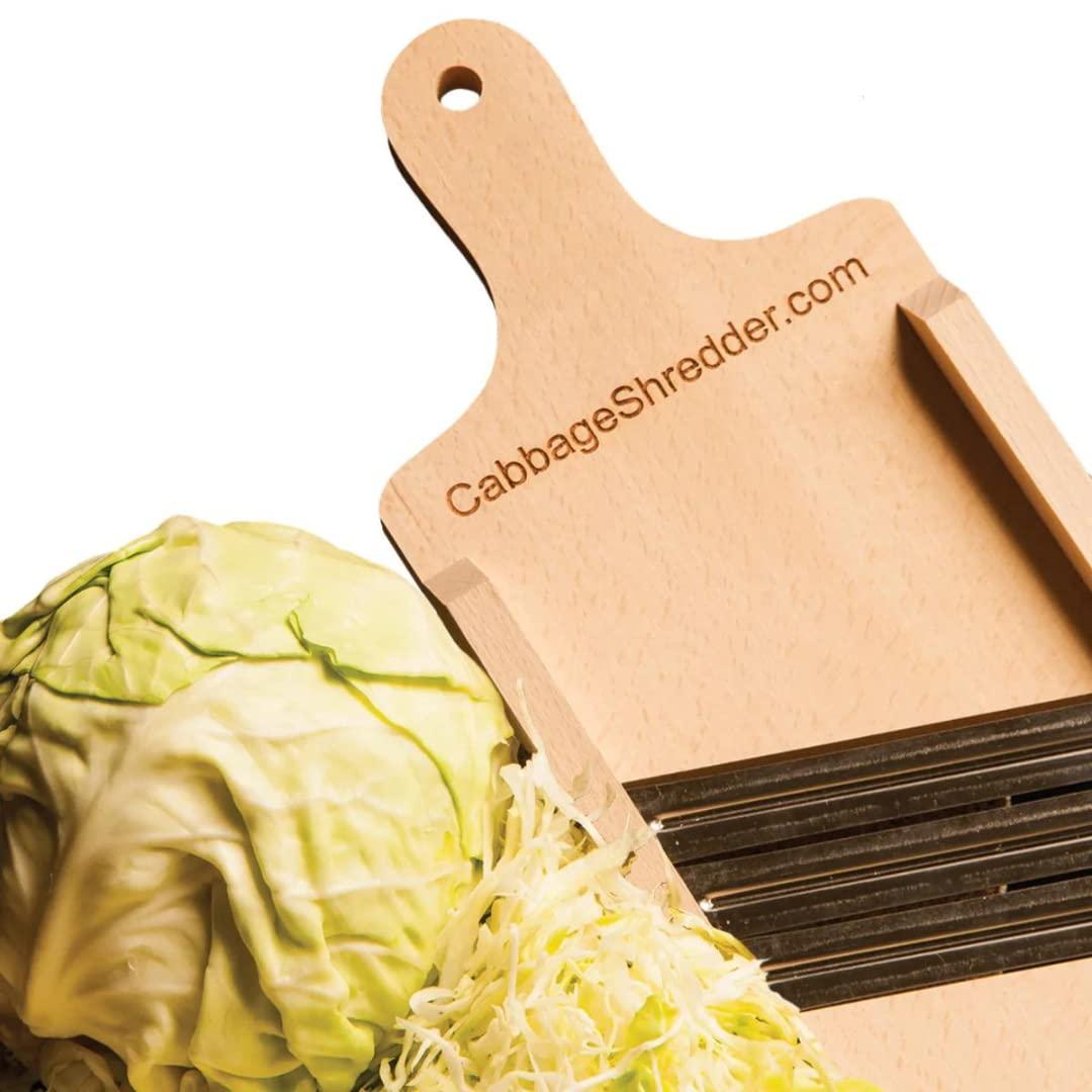 CabbageShredder.com Cabbage Shredder & Vegetable Slicer for Food Preparation, Sauerkraut, Coleslaw, Salads. Compact Size. Solid Wood. Thin Slices. Three Blades!