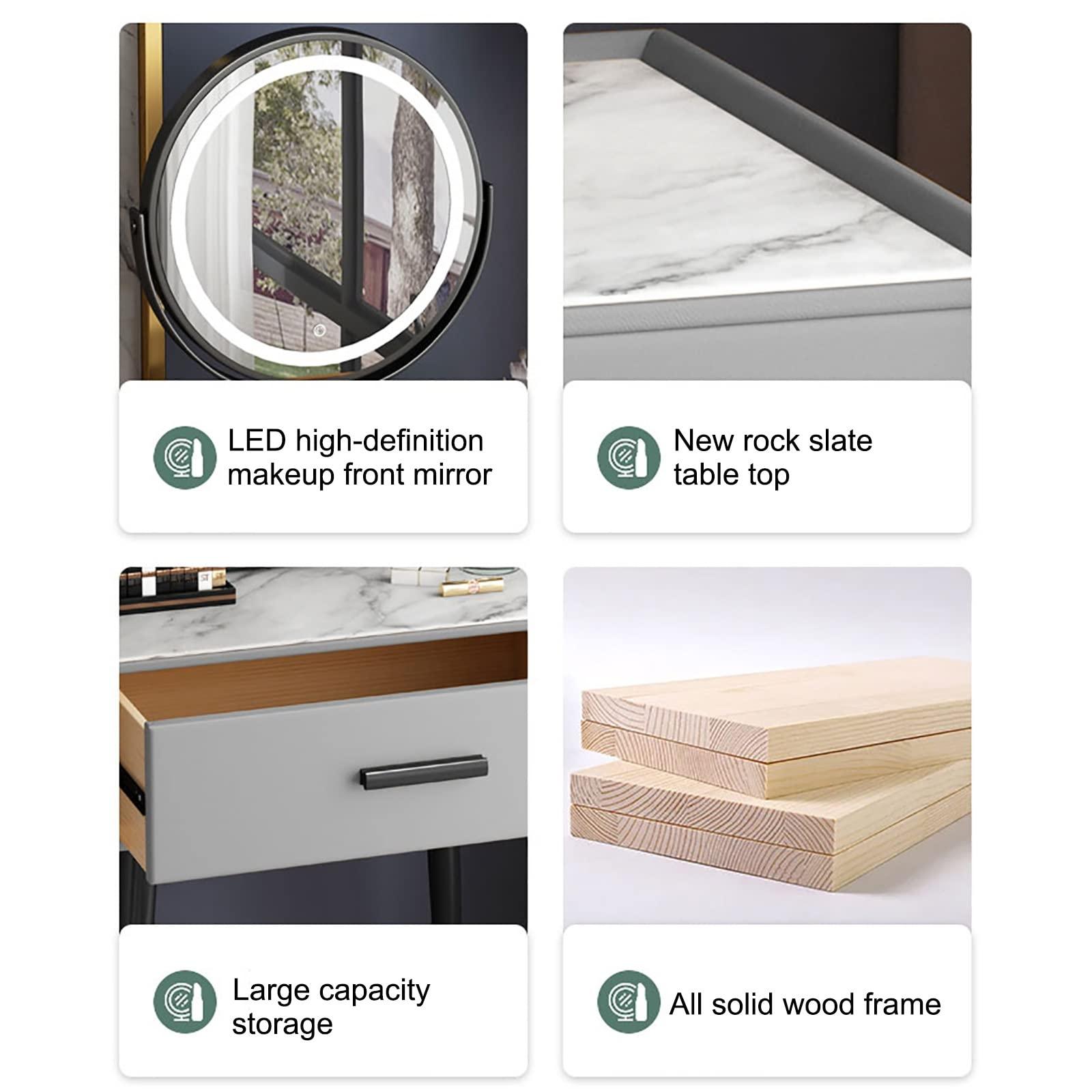 REALN REALN Vanity Table Set with Adjustable Brightness Mirror and Cushioned Stool, Dressing Table Vanity Makeup Table with Large Drawer for Women,Little Girls (Color : Gray, Size : 50cm)