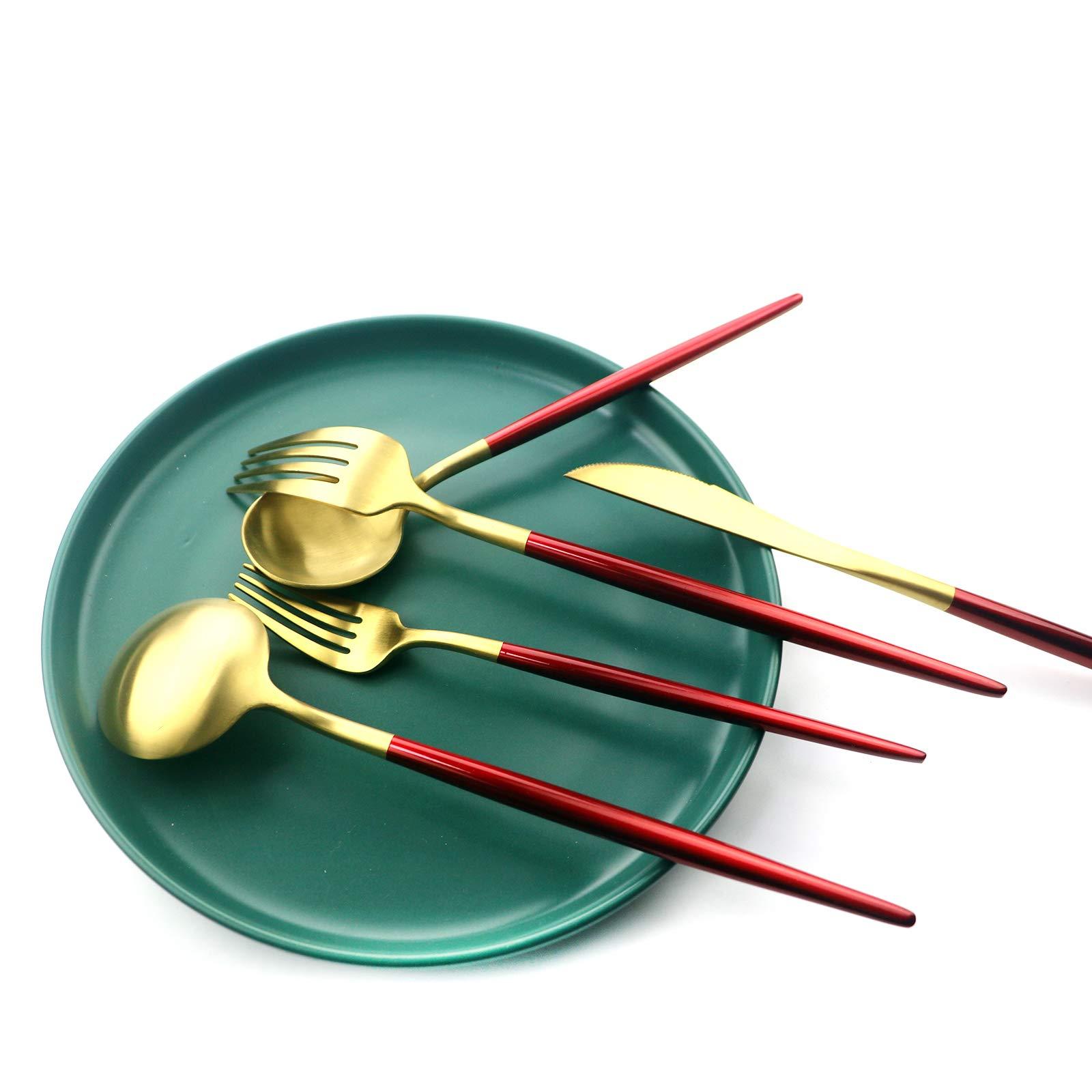 Gugrida Gugrida 20 Pieces Matte Gold Red Handle 18/10 Stainless Steel Silverware Set, Flatware Set Titanium Black Cutlery Set, Utensils Set for Home Restaurant Service Set for 4, Dishwasher Safe (Red Gold)