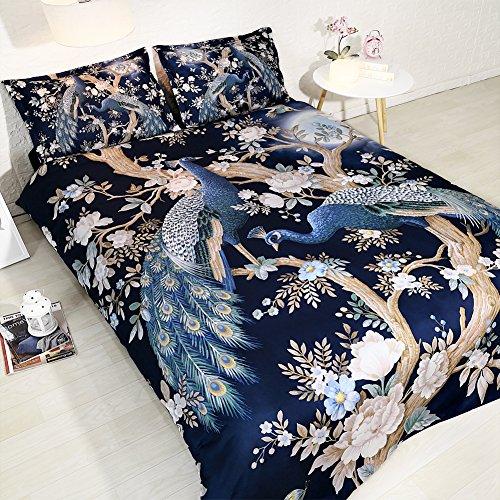 Goldeny JF-448 HD Digital Print White Flowers Peacock Tree Bedding Set with 1 Duvet Cover 2 Shams Full Queen King Sheets, Not Comforter (Full)