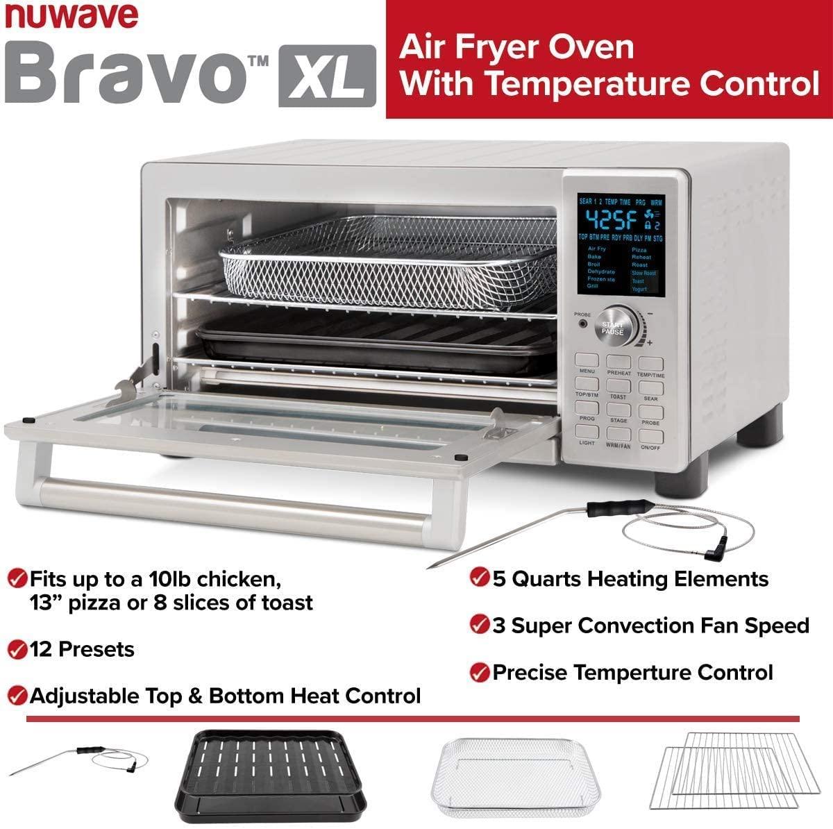 Nuwave Nuwave Bravo Air Fryer Toaster Smart Oven, 12-in-1 Countertop Convection, 30-QT XL Capacity, 50-500F Controls, Top and Bottom Heater Adjustments 0%-100%, Brushed Stainless Steel Look (Renewed)