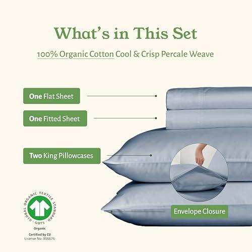 California Design Den California Design Den 100% Organic Cotton King Size Sheet Set, Percale Sheets, Deep Pocket King Sheets, GOTS Certified Luxury Sheets, King Size Cotton Bed Sheets, Blue Hydrangea Sheets