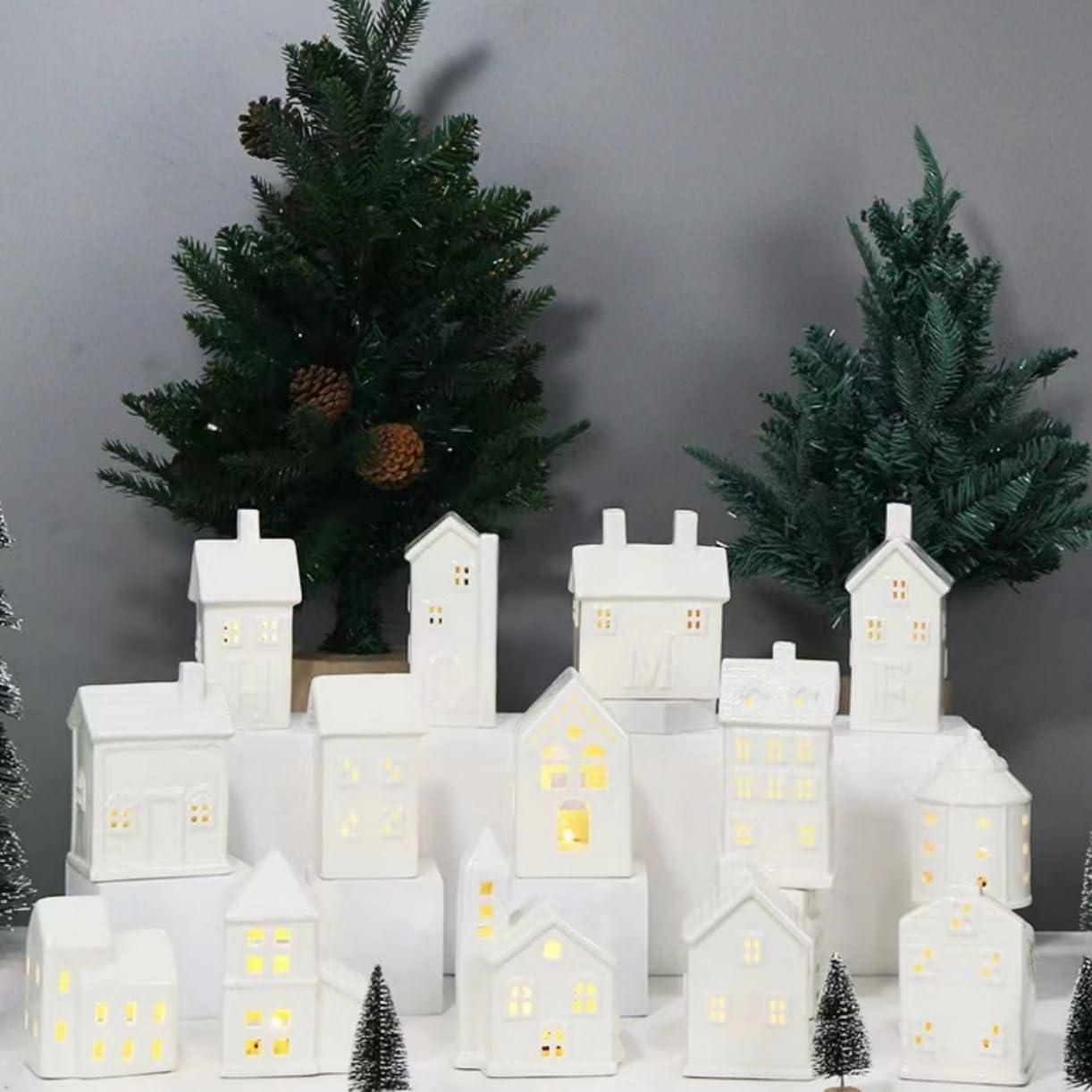 SUNKOX SUNKOX Ceramic Houses and Villages Christmas Decorations Lndoor White Christmas Village Houses Ceramic Houses and Villages,White Ceramic Christmas Village Houses (K11)