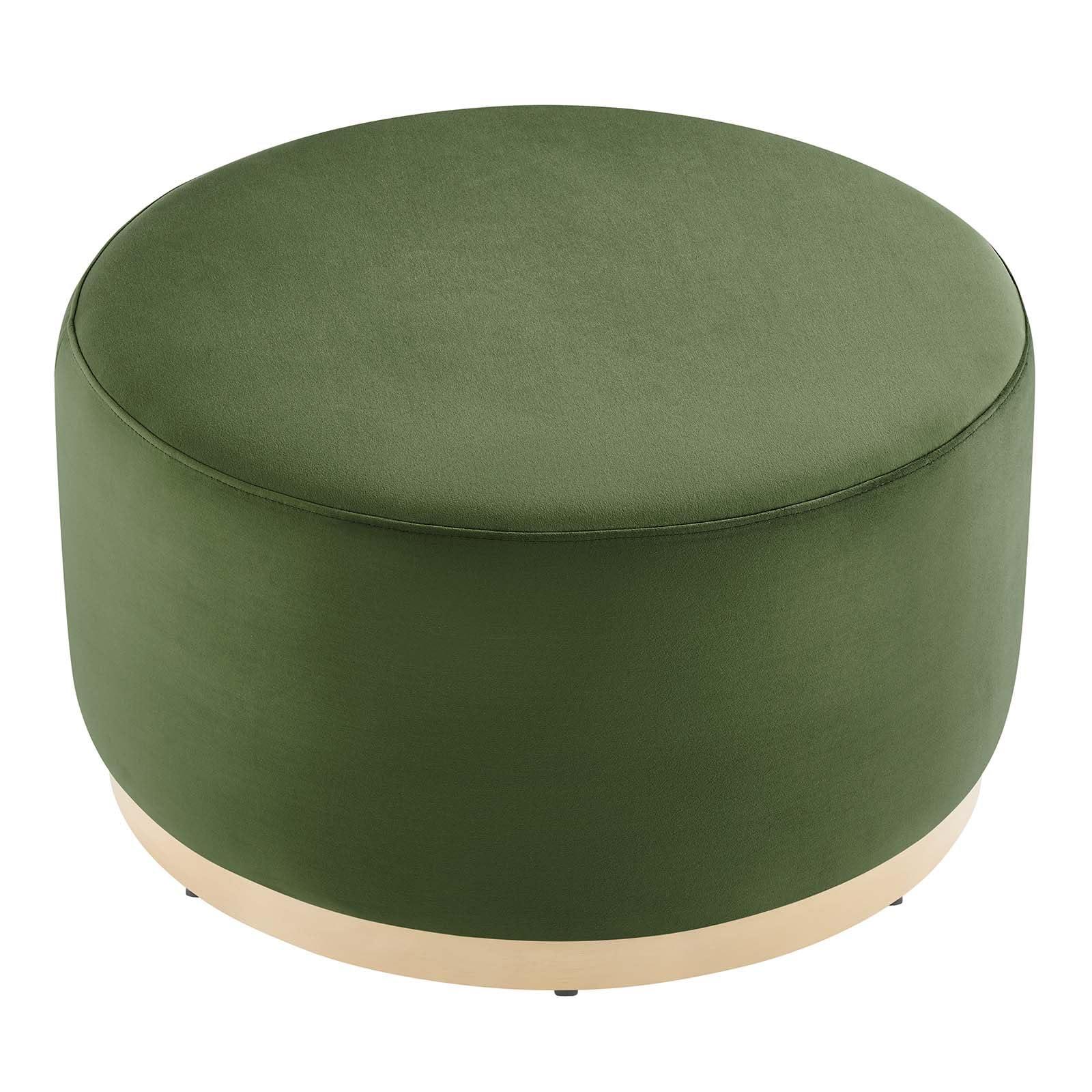 Modway Modway Tilden 29 Inch Round Performance Velvet Upholstered Ottoman in Moss Green Natural - Round Ottoman Coffee Table for Living Room - Large Ottoman Foot Rest with Rubberwood Plinth Base