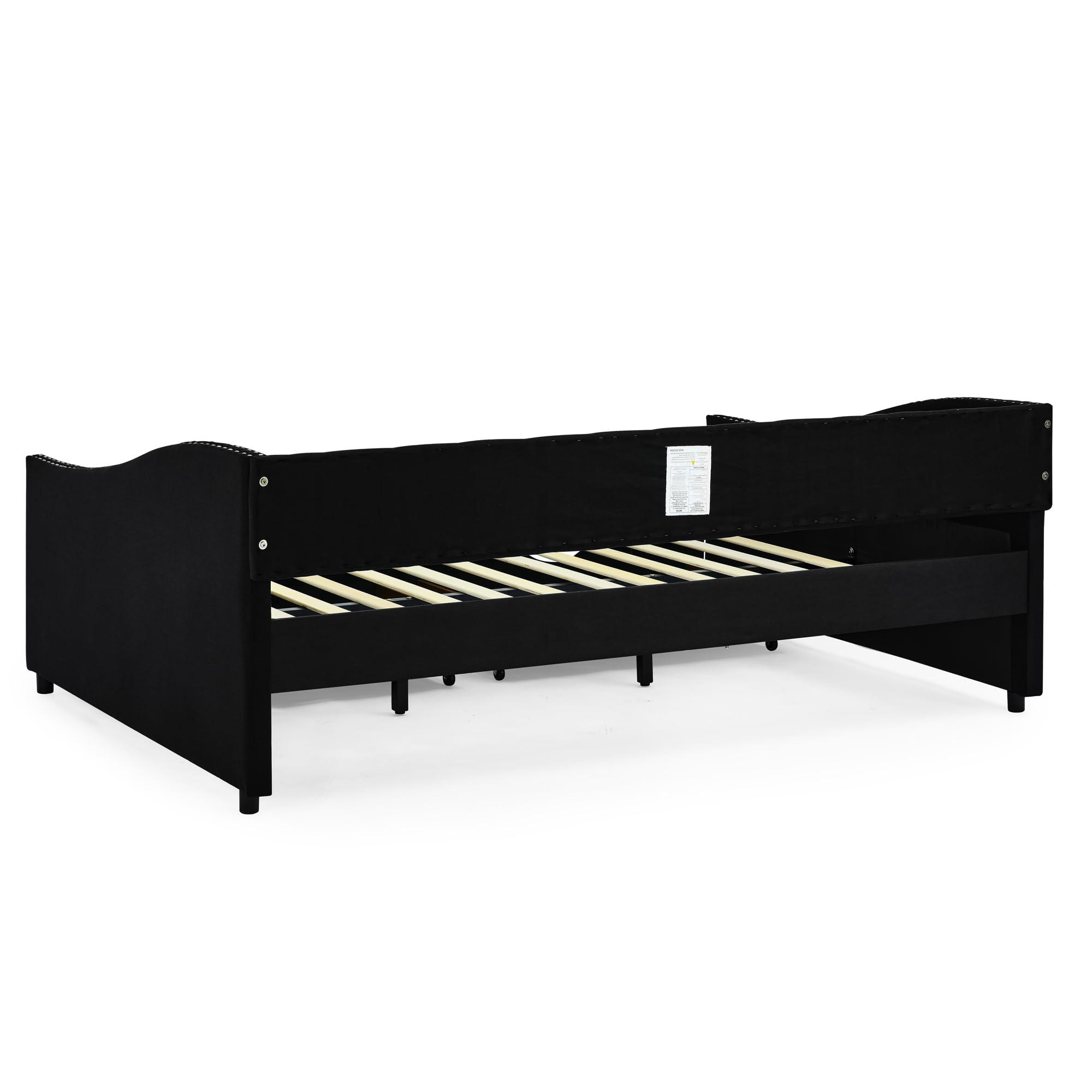 Flieks Flieks Linen Upholstered Full Daybed with Two Storage Drawers, Full Size Button Tufted Sofa Bed Daybed with Nailhead Trim and Wood Slat Support (Black)