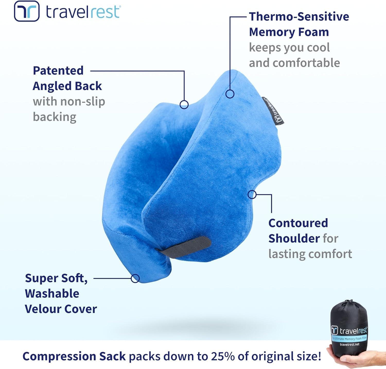 TRAVELREST TRAVELREST Nest Neck Pillow Travel Essentials - Memory Foam Pillow and Patented Design, Support for Long Flights, Travel Accessories, Comfortable and Compact, Washable, Attaches to Luggage - Blue