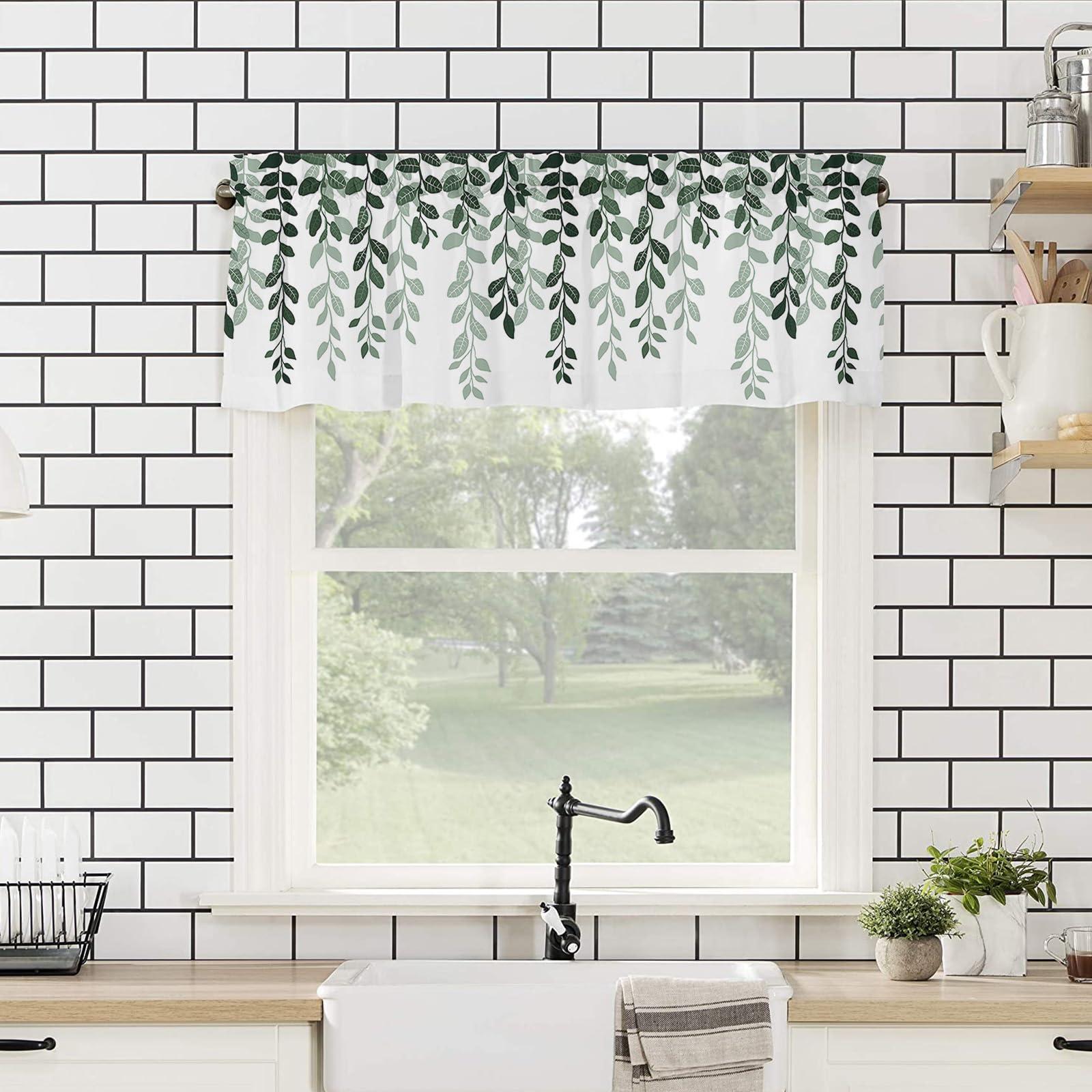 Onekaccu Onekaccu Kitchen Curtains Valances for Windows, Sage Green Leaves Valance Curtains Rod Pocket Short Curtains for Living Room Bedroom Small Window Treatment Seaonal Botanical Silhouette 60\"x18\"