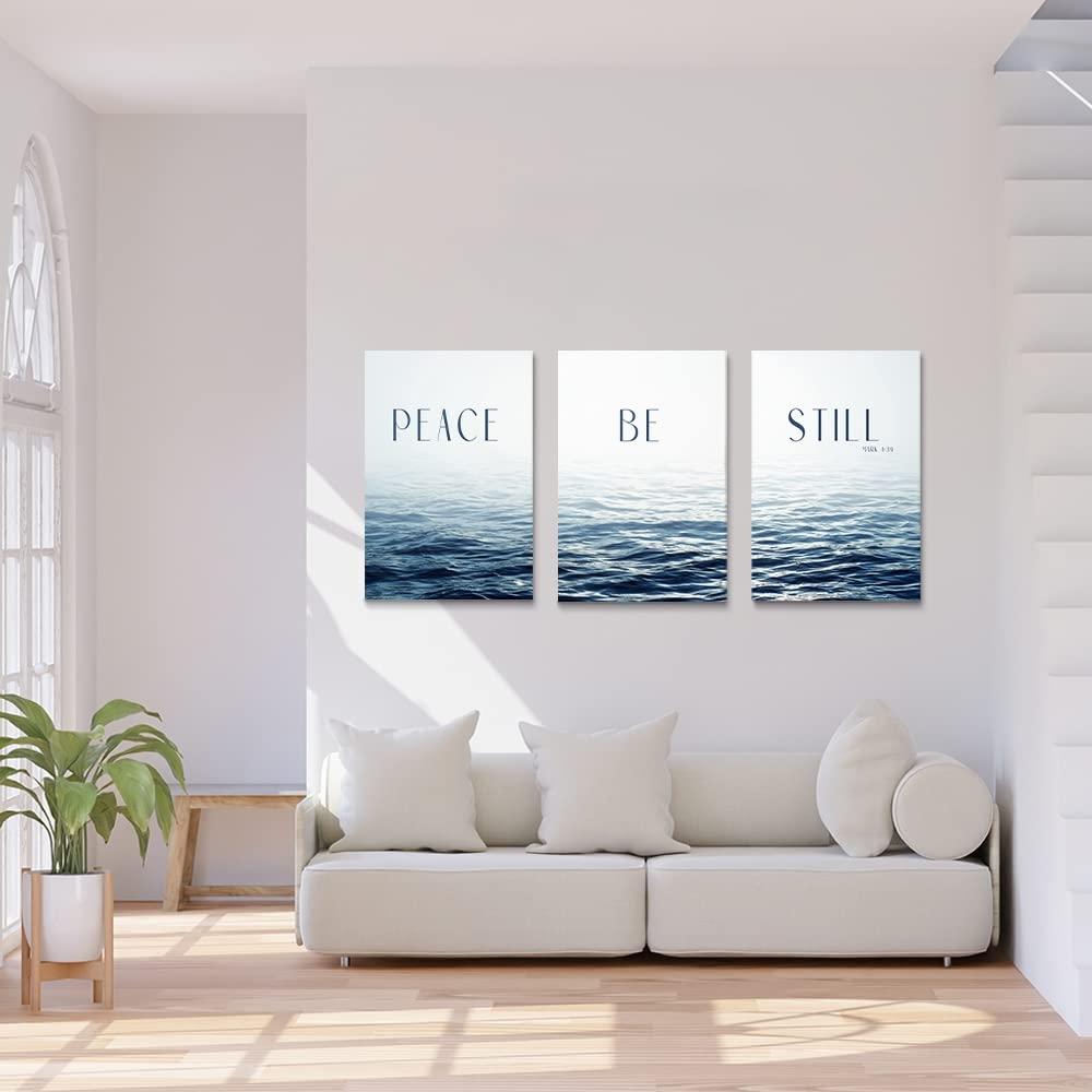 SKYSUKEY SKYSUKEY Modern Blue Ocean Canvas Wall Art Christians Wall Art Scripture Wall Decor \"Peace! Be Still! Mark 4:39\" Inspirational Bible Verse Wall Art Calmful Pictures Calm Sea Canvas Prints Seascape Canvas Prints Framed,Set 3,24\"x36\"