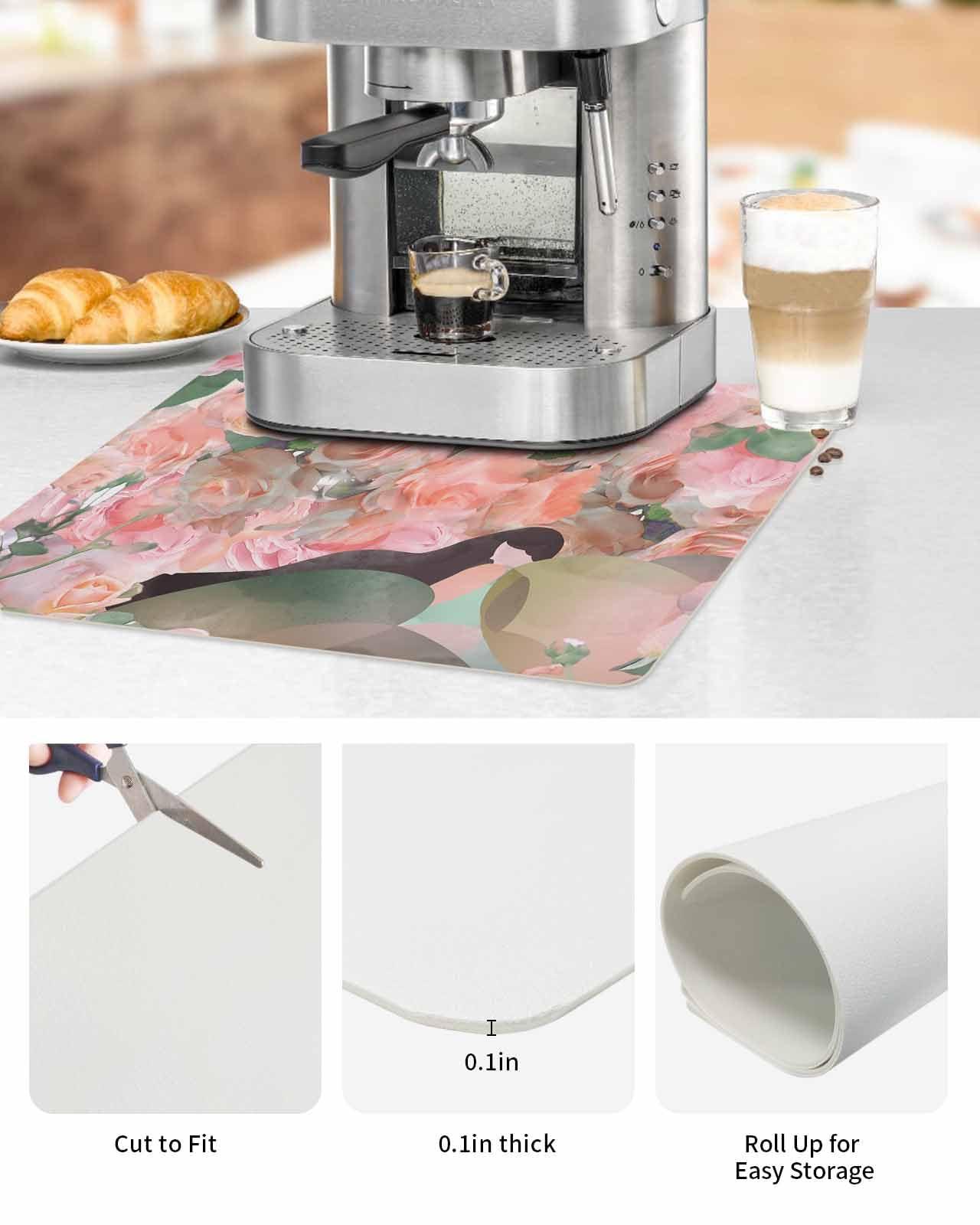 ZOE STORE ZOE STORE Coffee Bar Mat Spill Mat for Countertops, Pink Spring Floral Dish Drying Mat for Kitchen Accessories, Rustic Summer Botanical Modern Kitchen Counter Mat Water Absorbent, 16 x 18 Inches