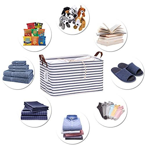 Hinwo Hinwo 31L Large Storage Bins, Closet Organizers and Storage, Shelf Baskets, Foldable Clothes Storage Baskets with Handles, Containers for Clothing, Blanket, Towels, Toys, Bedding (Navy Stripe)