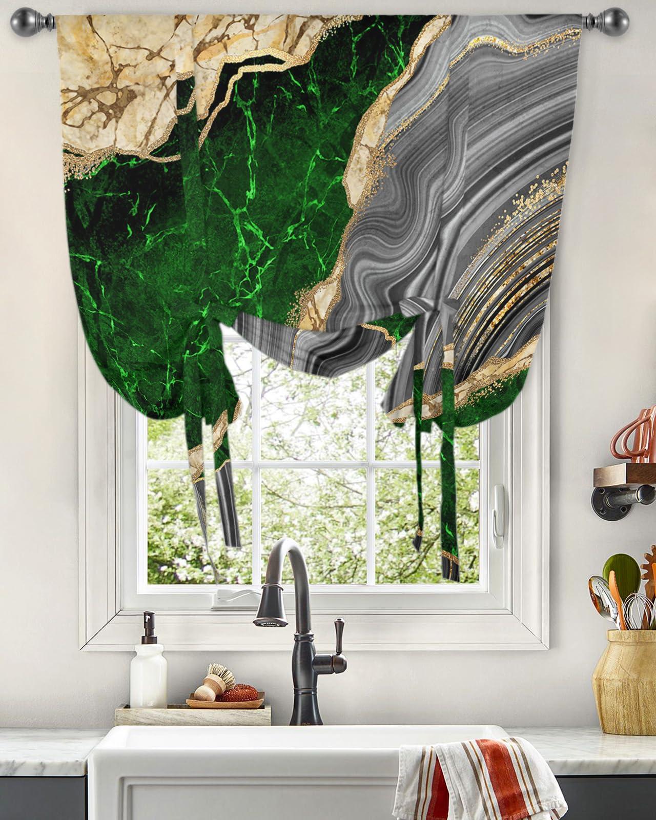 Yukro Tie Up Curtains Window Shades, Abstract Emerald Green Grey Gold Marble Rod Pocket Tie Up Window Shade, Adjustable Balloon Curtain Shade for Blinds Kitchen Bathroom, 1 Panel, 52"x45"