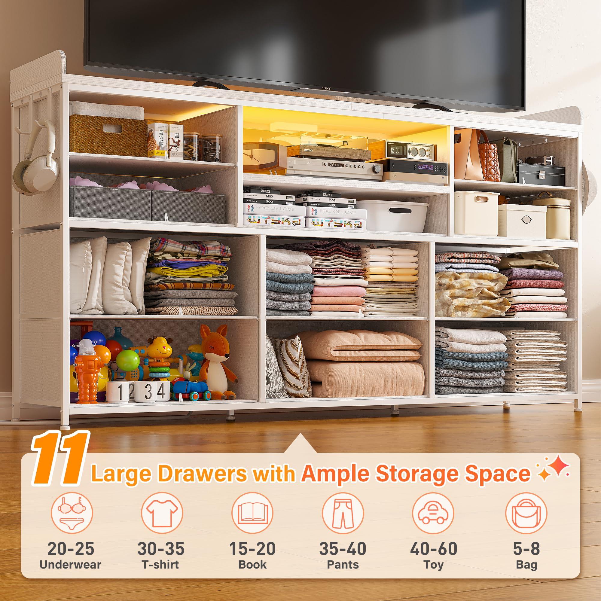 EnHomee EnHomee Dresser TV Stand with 11 Drawers for 60\" TV Stand for Bedroom with LED Lights & Power Outlets Long Dresser for Bedroom with Shelves & 4 Hooks Sturdy Metal Frame & Wood Top, White