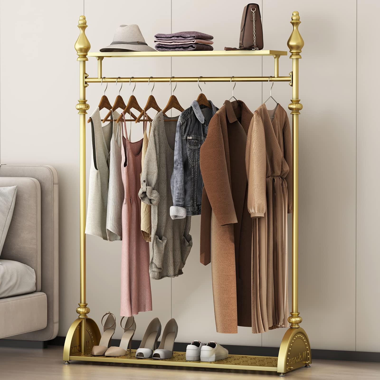 MAIKAILUN Clothing Rack Gold, Industrial Clothes Rack for hanging Clothes with Double Shelves Freestanding Multi-functional Heavy Duty Garment Rack, Metal Movable Portable Coat Rack for Organizing Clothes Shoes
