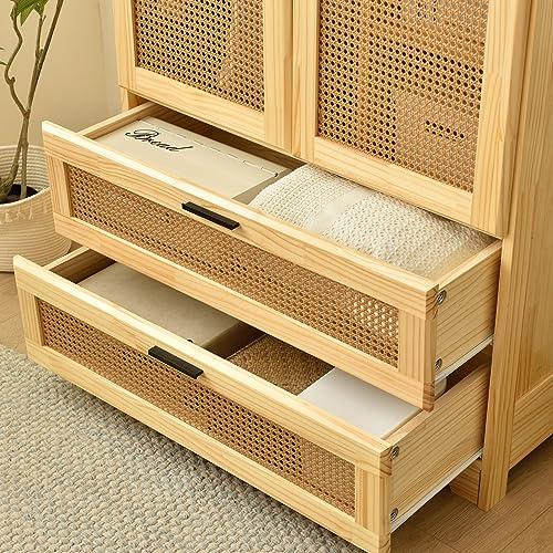 Woodpeckers Furniture And Mattress Pine Wood Closet with Rattan Doors and Two Drawers (Natural)
