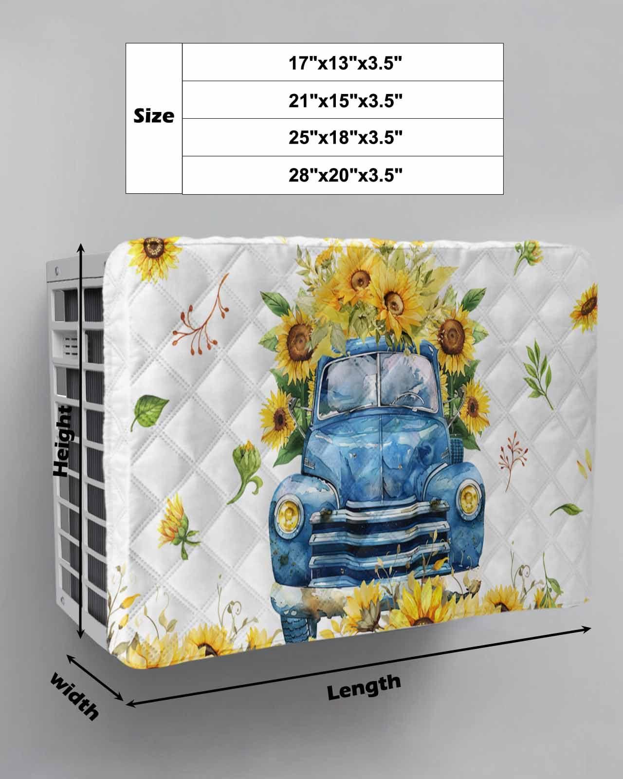 Falaniique Sunflower Indoor Air Conditioner Cover for Window Units, Double Insulation Adjustable Waterproof Indoor AC Cover with Elastic Straps 17'' x 13'' x 3.5'' Farmhouse Blue Truck Floral Modern White