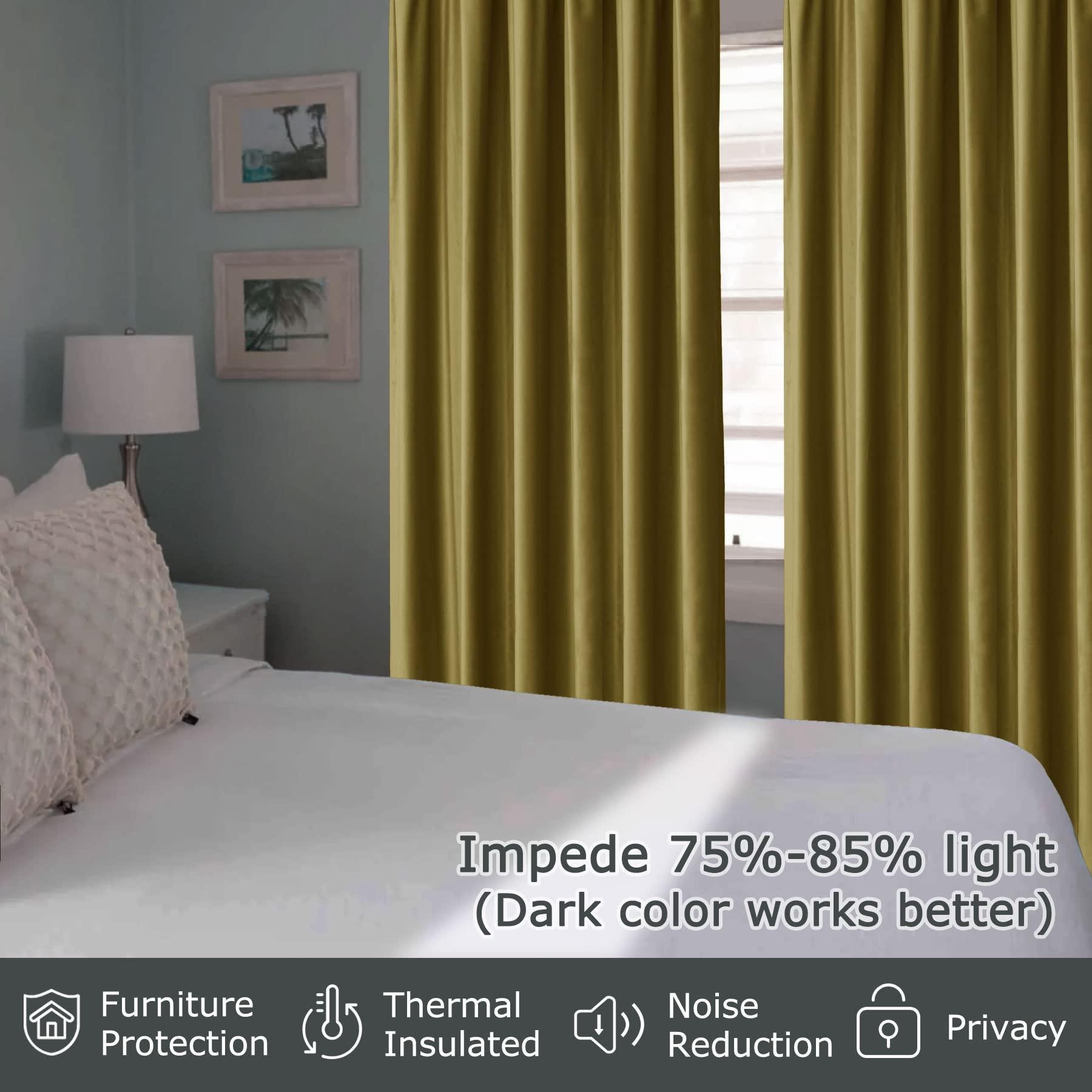 Frelement Frelement Room Darkening Velvet Drapes Flat Hooks Curtains for Traverse Rod and Track Thermal Insulated Curtains High Windows Loft Bedroom, 100" W x 156" L, 2 Panels, Golden Palm