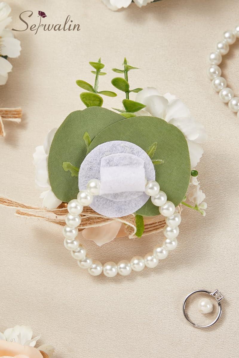 Serwalin Serwalin Champagne Corsage and Boutonniere Set, Champagne Rose Wrist Corsages for Wedding