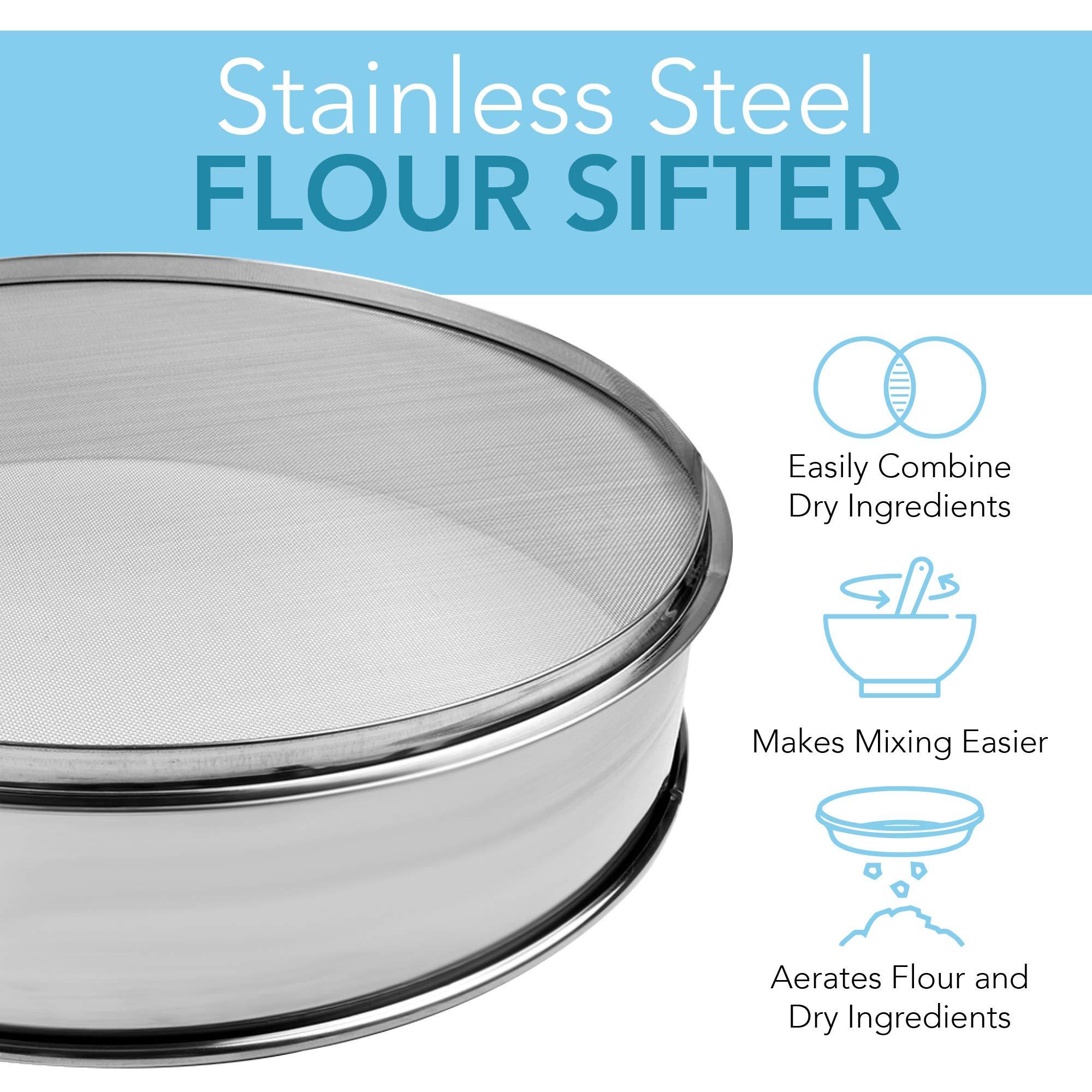 Vollum Vollum Stainless Steel Flour Sifter Fine Mesh Round Flour Sifter for Baking 16.5\" Diameter x 2.88\" High; Mesh-Hole Size 0.85mm