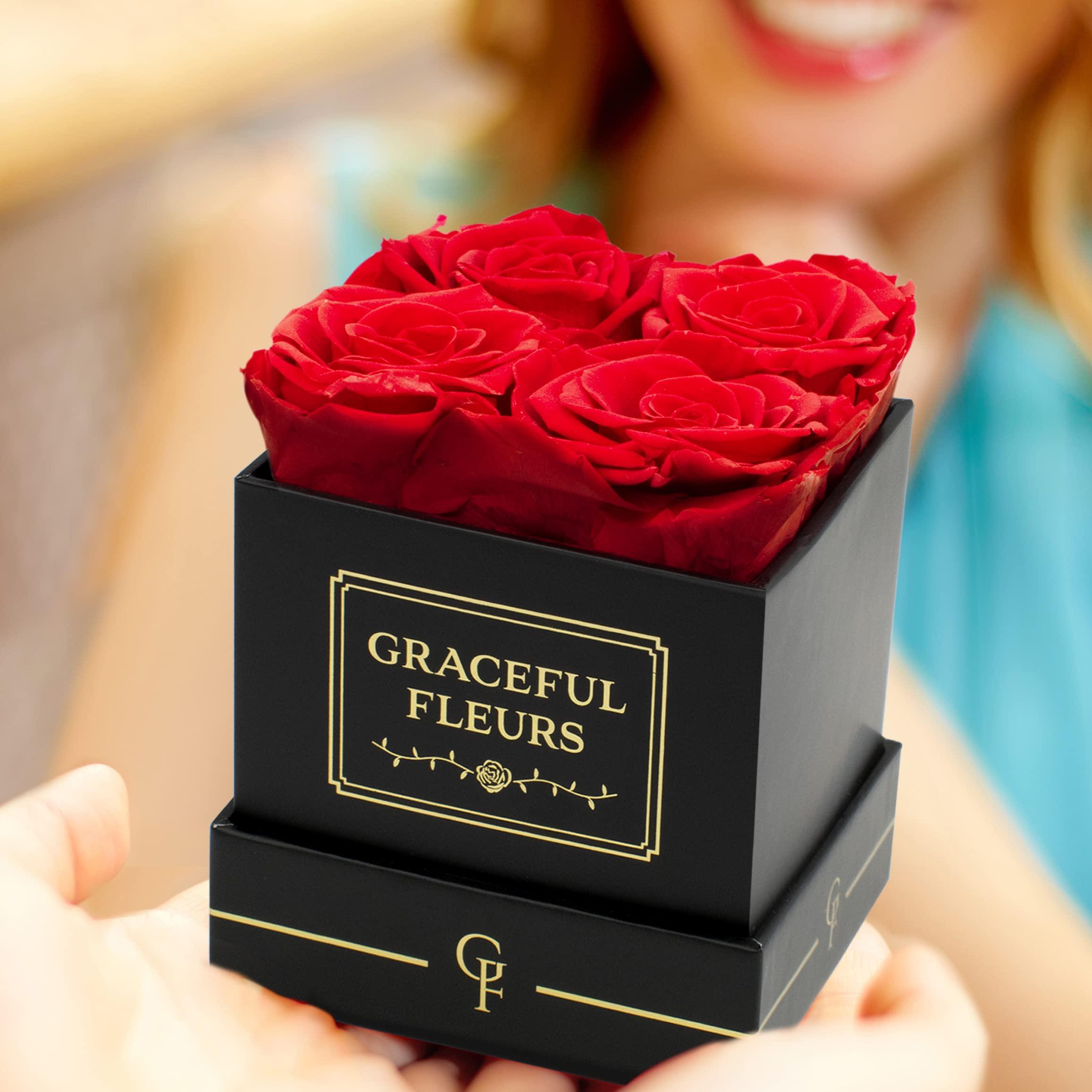 Chloe\'s Graceful Fleurs Graceful Fleurs | Real Roses That Lasts for Years | Preserved Fresh Flowers for Delivery Birthday | Forever Roses in a Box | Valentines Day Gifts for Her (Red, Black Box, 4 Roses)