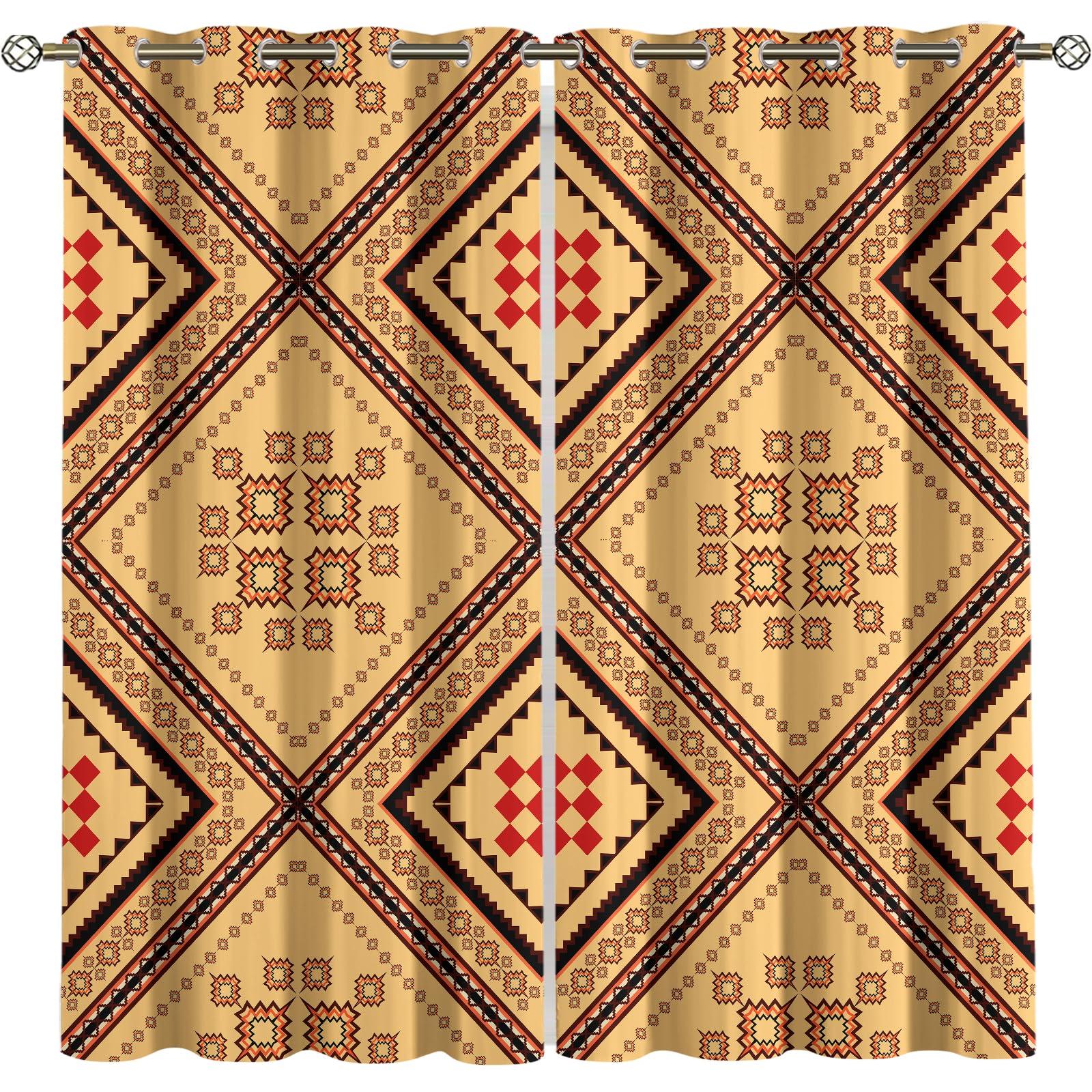 JAXIUOF JAXIUOF Geometric Retro Pattern Blackout Curtains for Bedroom, Ethnic Traditional Design Texture Window Drapes, Grommet Thermal Insulated Curtain, for Office Kitchen Living Room (31.5" W x 63" L) x 2