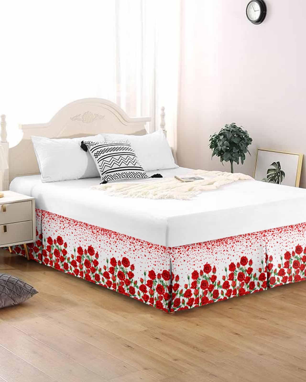 Falaniique Red Rose California King Bed Skirt Pleated Bedding Skirt with Spilt Corners 18\" Tailored Drop Dust Ruffle Easy Fit Breathable Premium Valentine\'s Day Red Flower Spring Plant