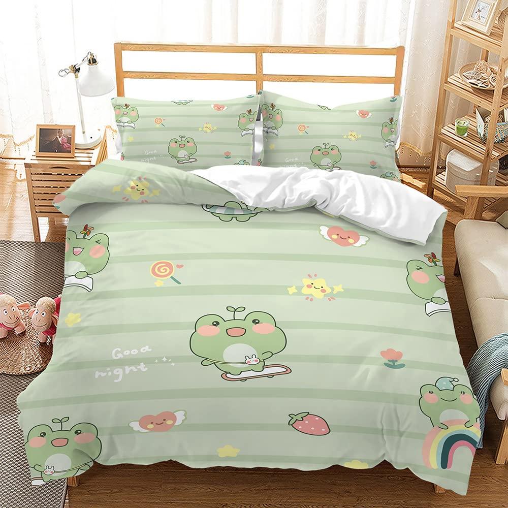 BIDY Kawaii Cartoon Frog Pattern Bedding Duvet Cover Set for Childern Twin Size Fish Cloud Music Note Print Comforter Cover Set Girls Boys Teens Bedroom Quilt Cover Set with 1Pillowcase