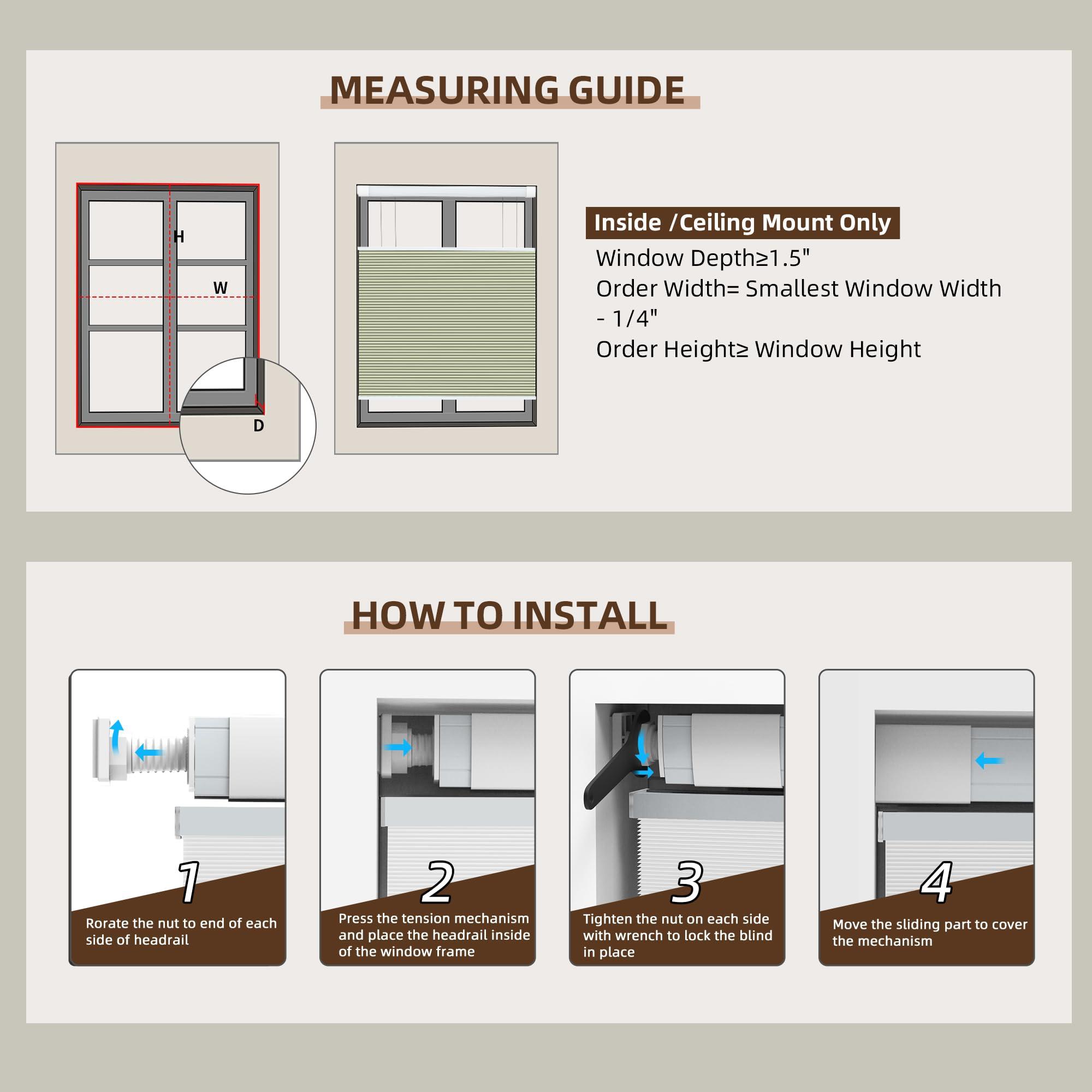 Hiifroy Hiifroy No Tools No Drill Blinds for Indoor Windows,Cordless Top Down Bottom Up Honeycomb Cellular Shades with 1" Fabric,Light Filtering White 30" W x 42" H