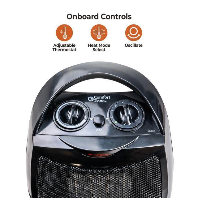 Comfort Zone Comfort Zone Space Heaters for Indoor Use, Portable Bedroom Heater, 70 Degree Oscillation, Thermostat, Small Room Heater, Fast Heating, Quiet Fan Forced Ceramic Heater, 1500W. 200 Sq. Ft., Black