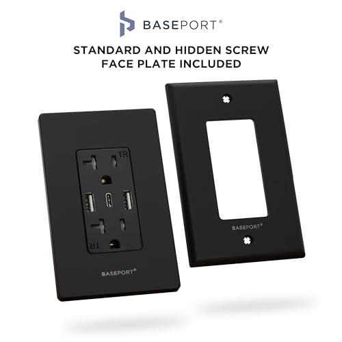 BASEPORT BASEPORT Premium Wall Outlet with USB Ports - 125V 20 Amp Outlet, 5V/6A USB Outlets Receptacles, Dual USB-A, 1 USB-C, Single Gang Black Faceplate