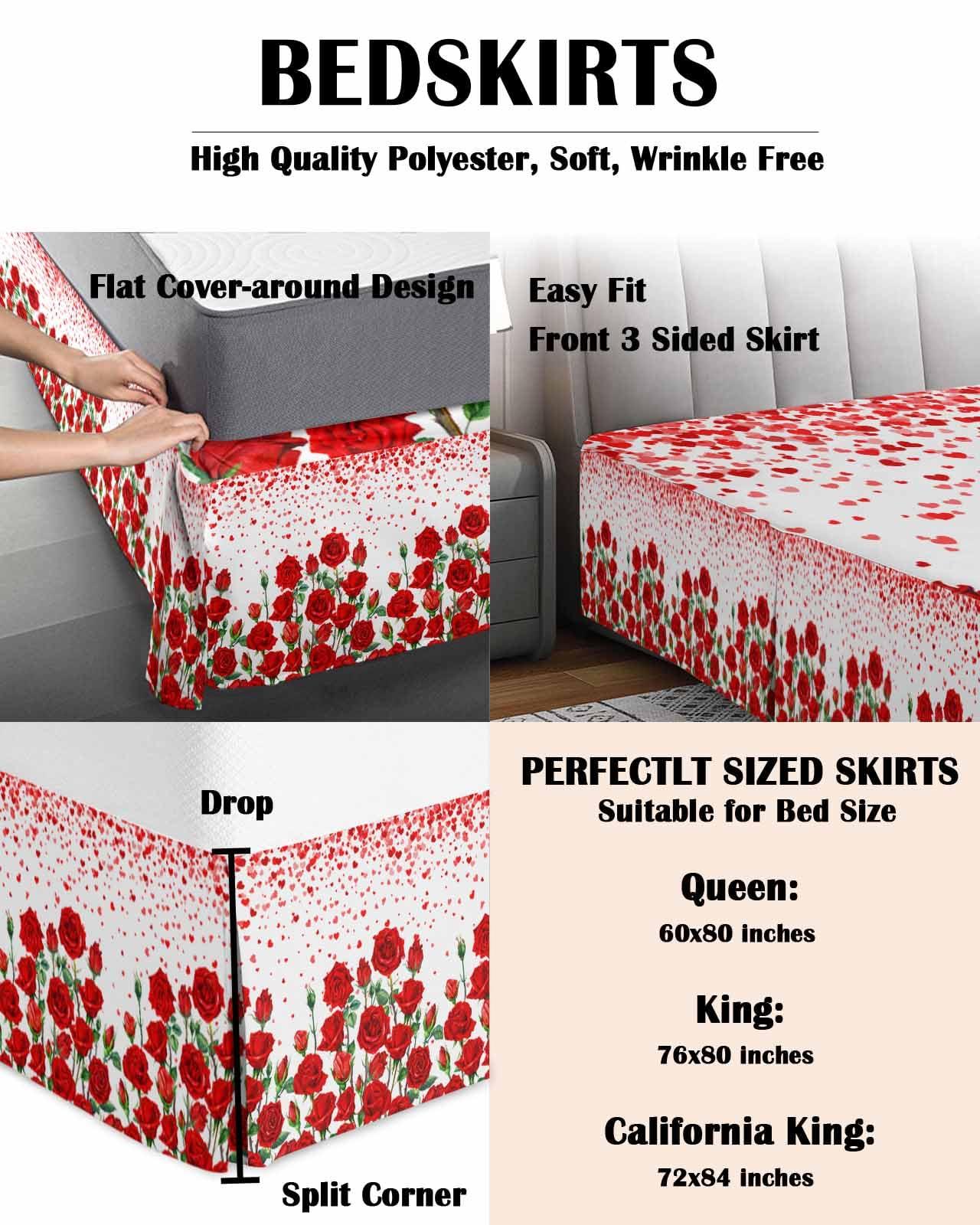 Falaniique Red Rose California King Bed Skirt Pleated Bedding Skirt with Spilt Corners 18\" Tailored Drop Dust Ruffle Easy Fit Breathable Premium Valentine\'s Day Red Flower Spring Plant